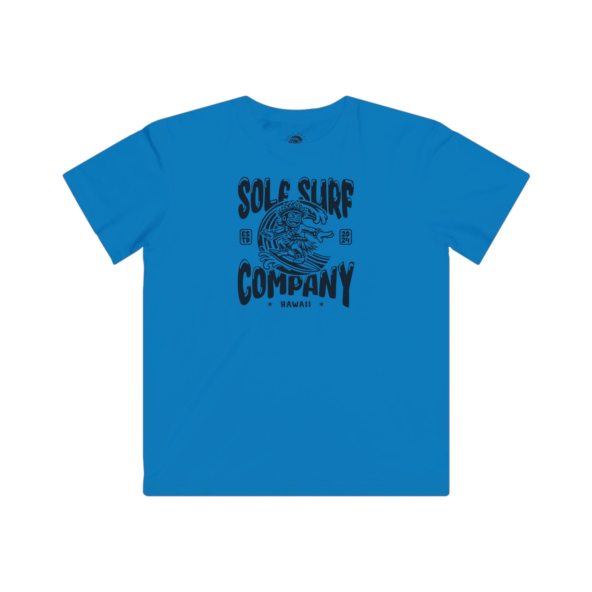 Blue kids t-shirt featuring Sol Surf Company logo with a playful design, perfect for beachwear and island style.