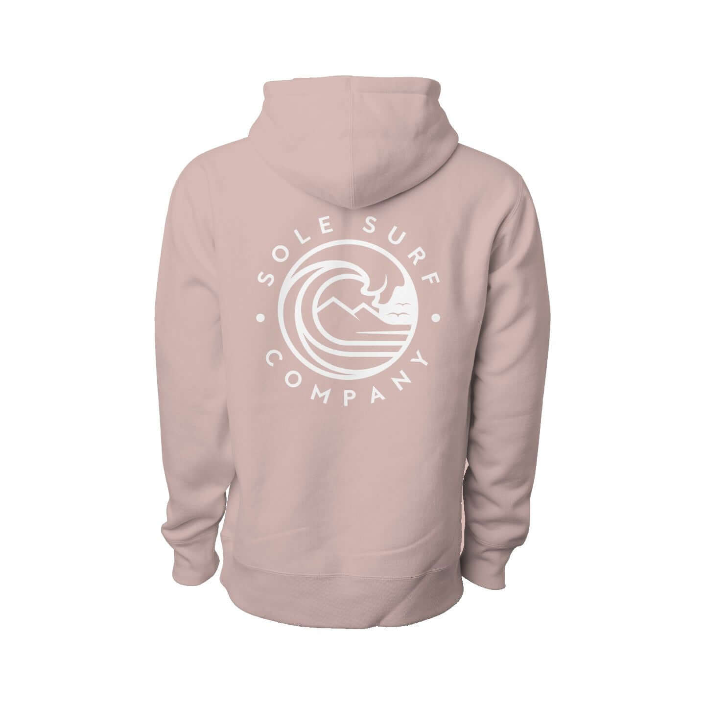 Back view of women's pink hoodie featuring Sole Surf Company logo and wave design.