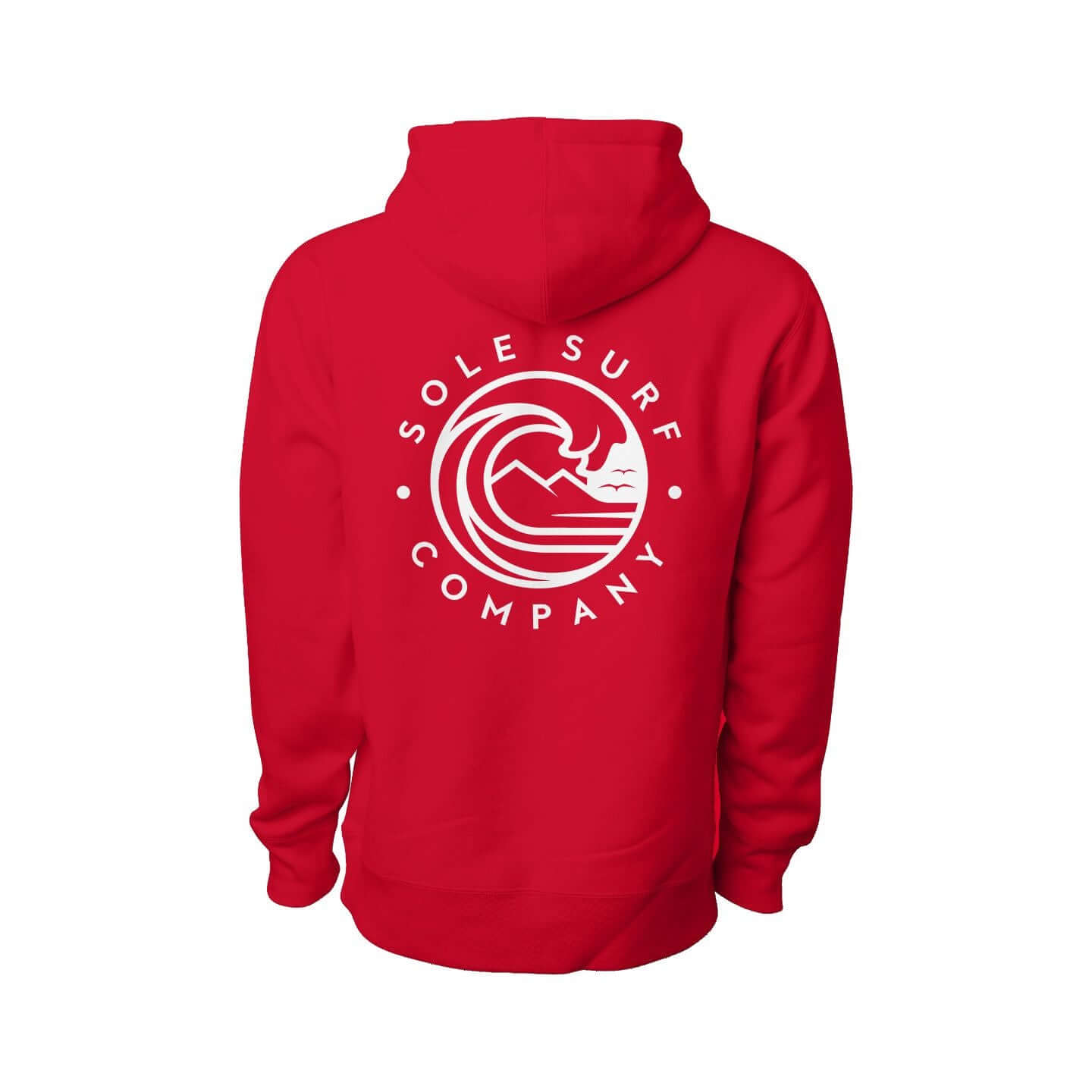 Red women's premium hoodie with Sole Surf Company logo and wave design on back.