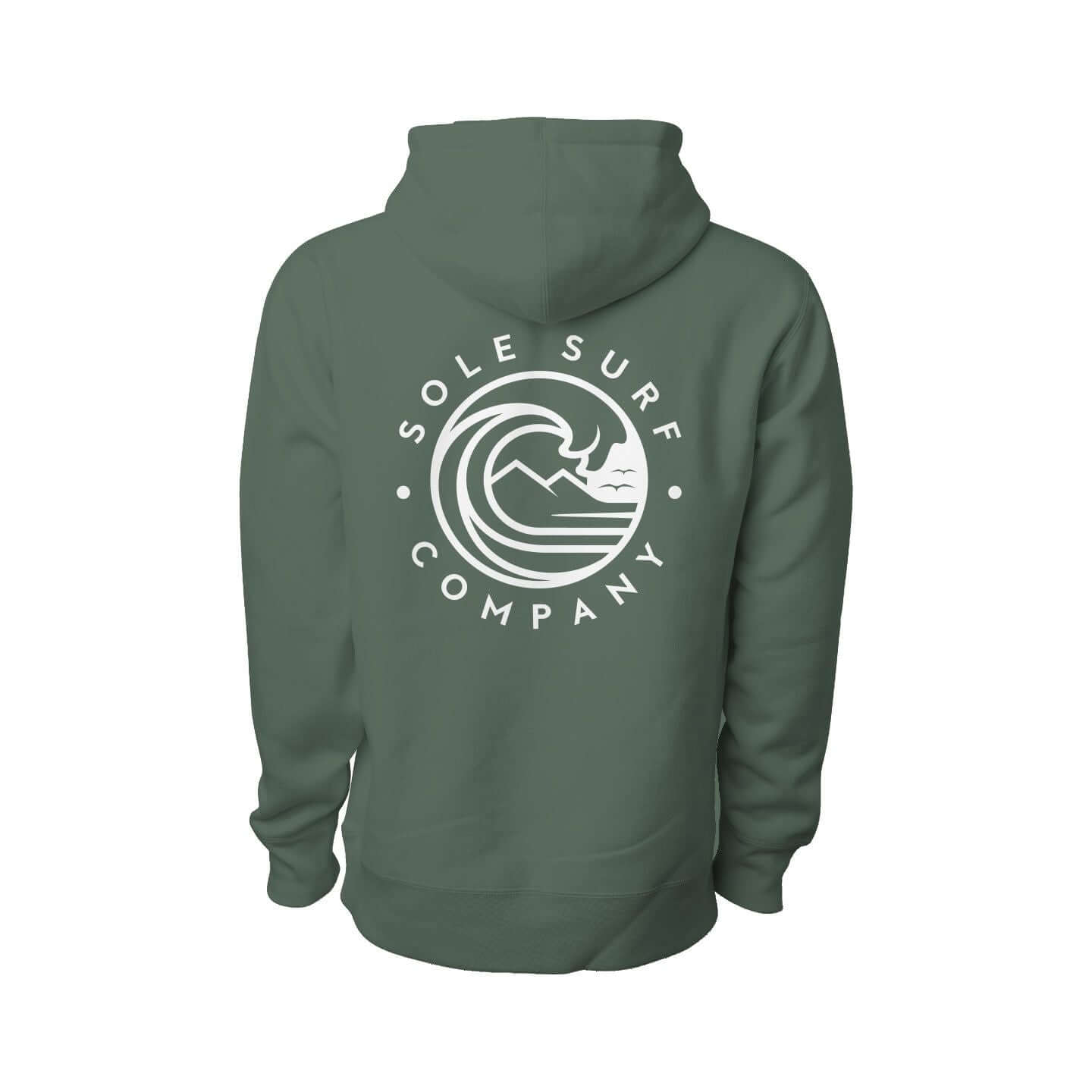Back view of a women's premium hoodie in green with 'Sole Surf Company' logo and wave design.