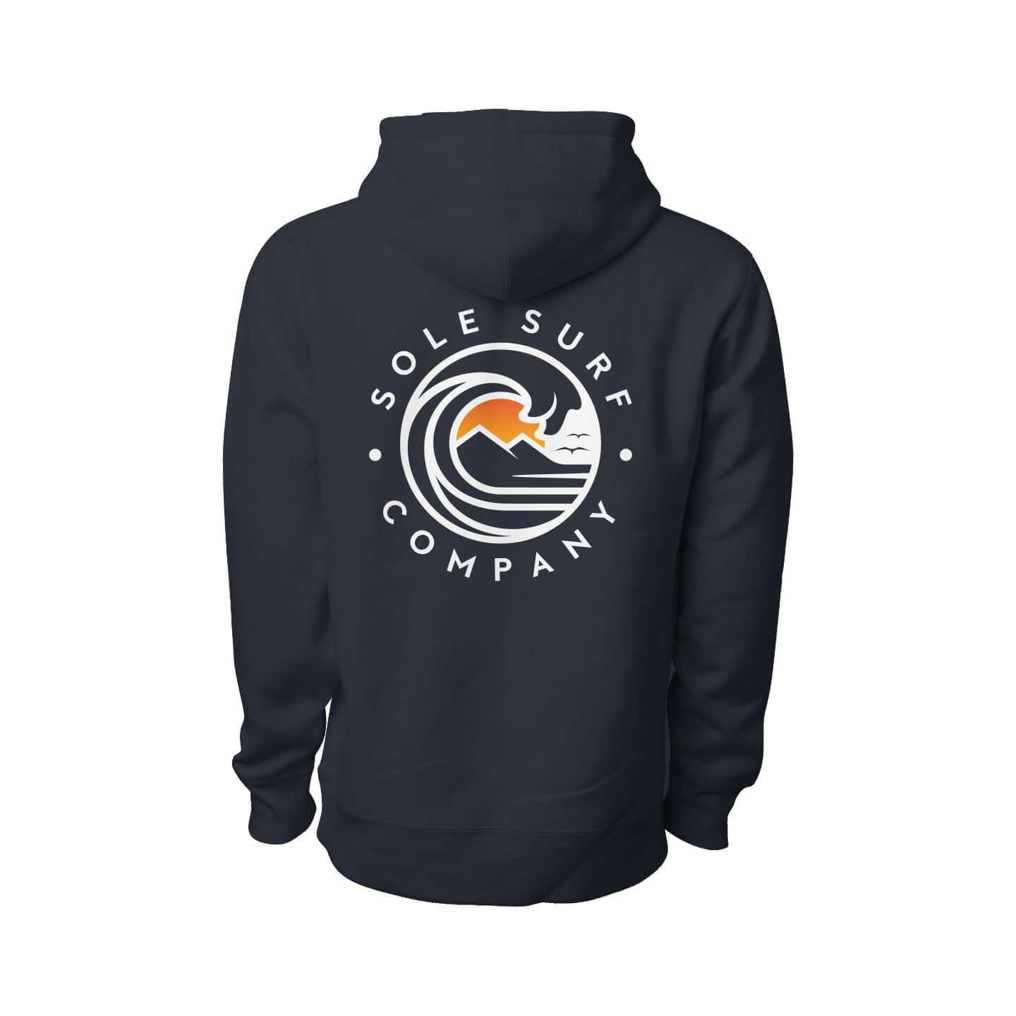 Back view of Men's SSC Premium Hoodie in navy, featuring Sole Surf Company logo with wave and mountain design.
