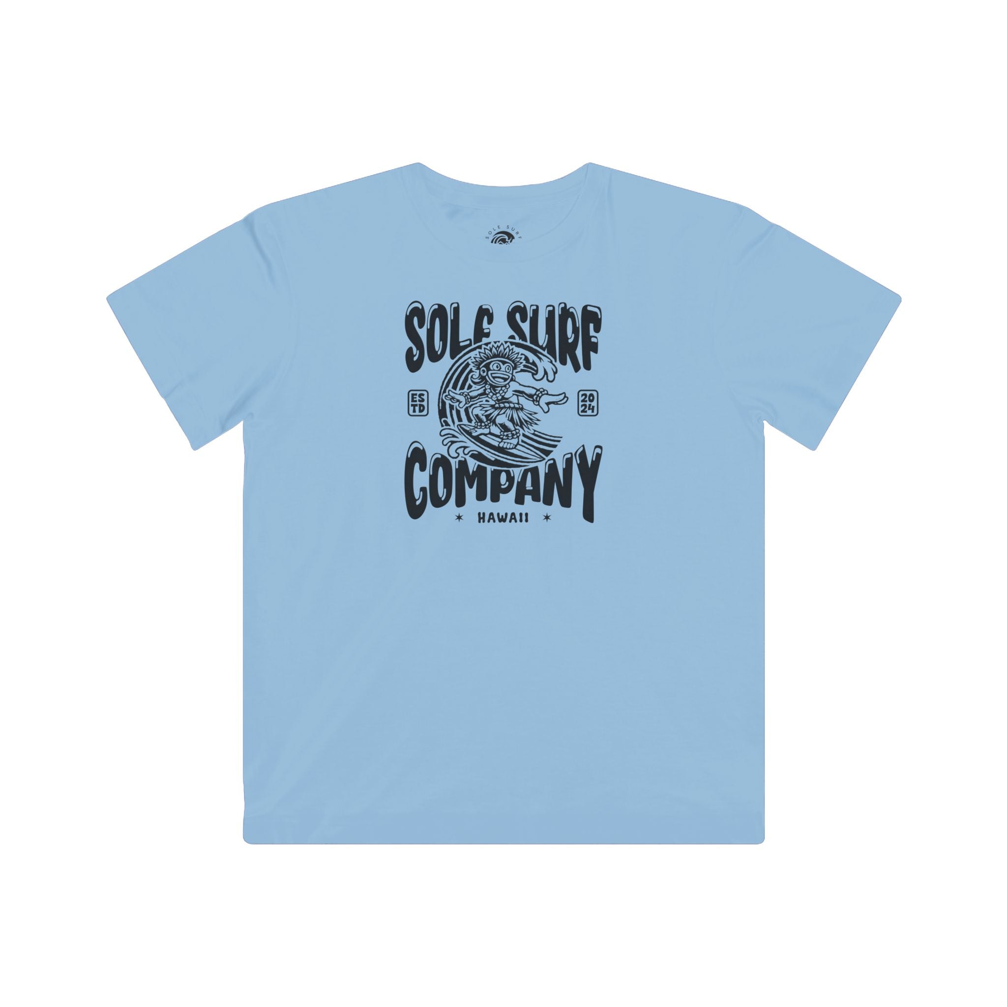 Kid Monkey Surfer tee in light blue with playful monkey design, perfect for island adventures and active children.