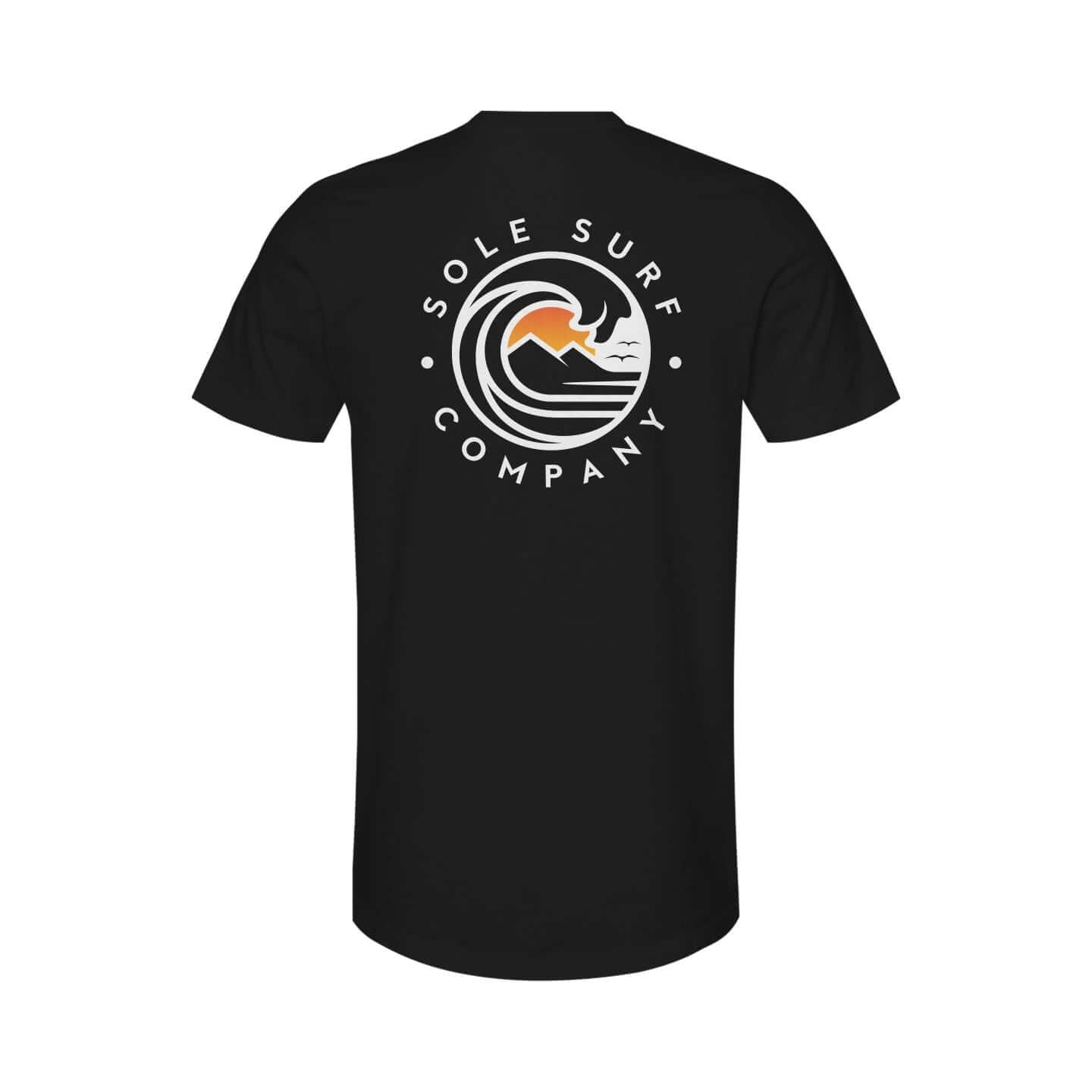 Black t-shirt featuring Sole Surf Company logo with wave and mountain design on the back.