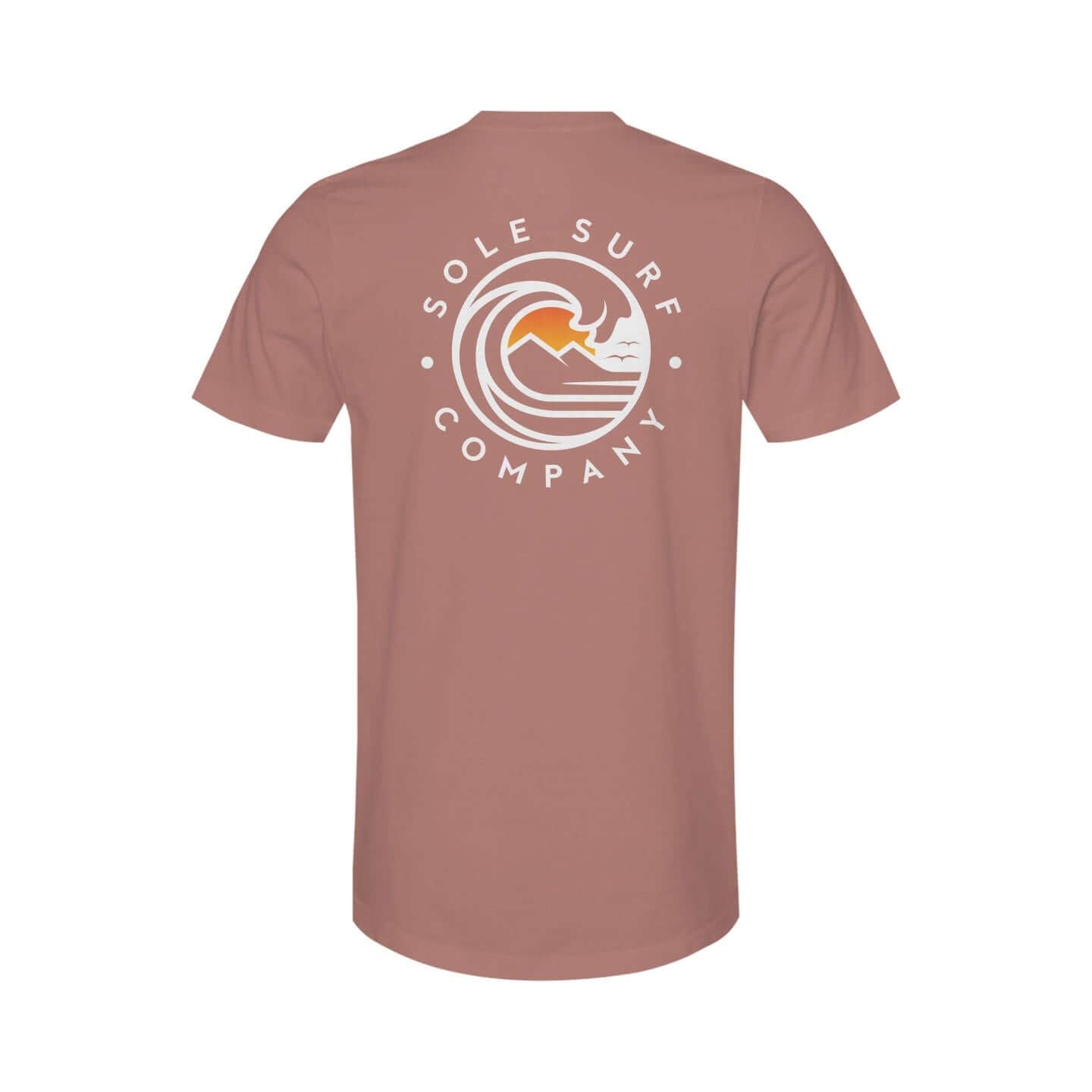 Back view of SSC Premium Cotton T-Shirt in soft pink, featuring Sole Surf Company logo with wave design.