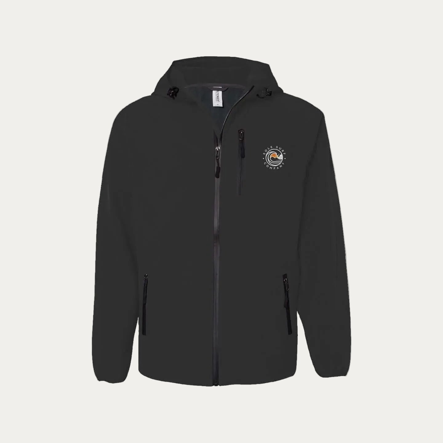 SSC Soft Shell Jacket in black, featuring a zipper and hood, perfect for waterproof protection and breathability.