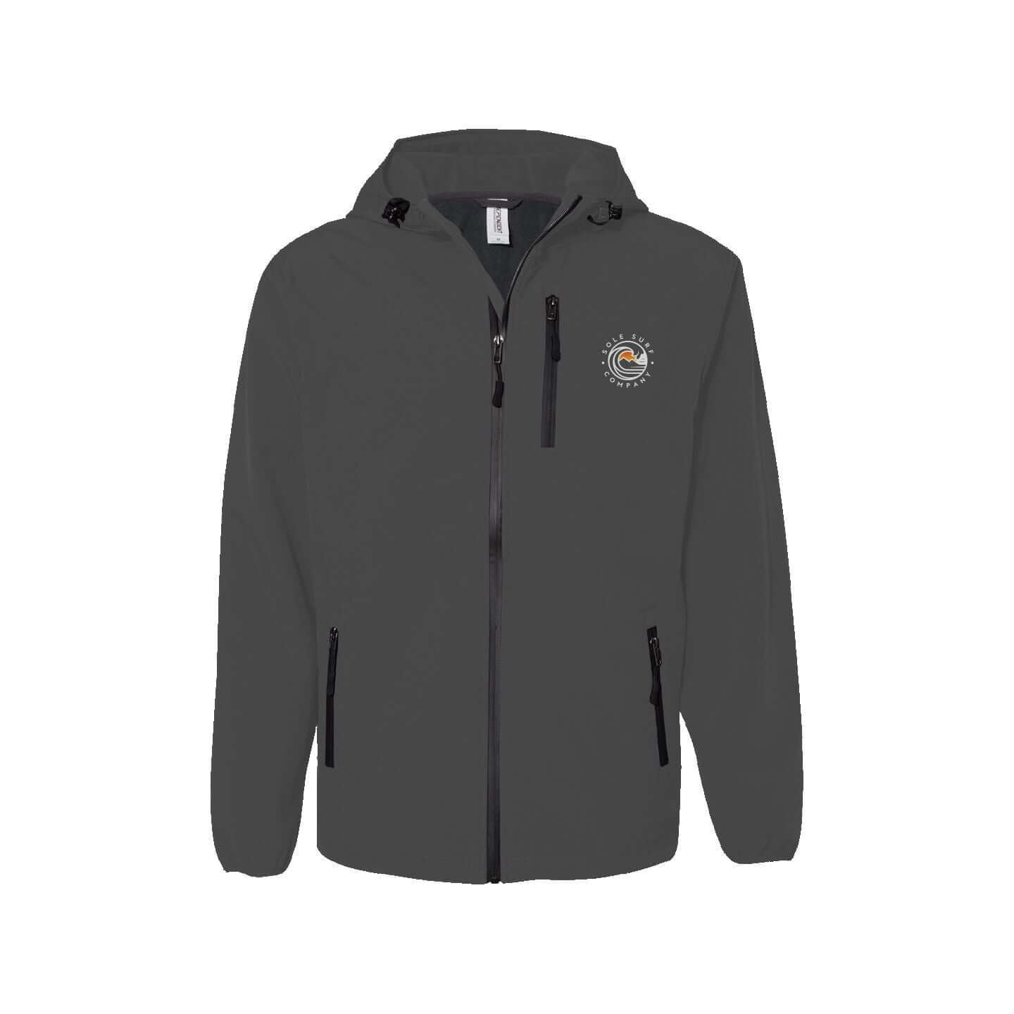 SSC Soft Shell Jacket in gray with zippered pockets and hood, 100% waterproof and breathable polyester.