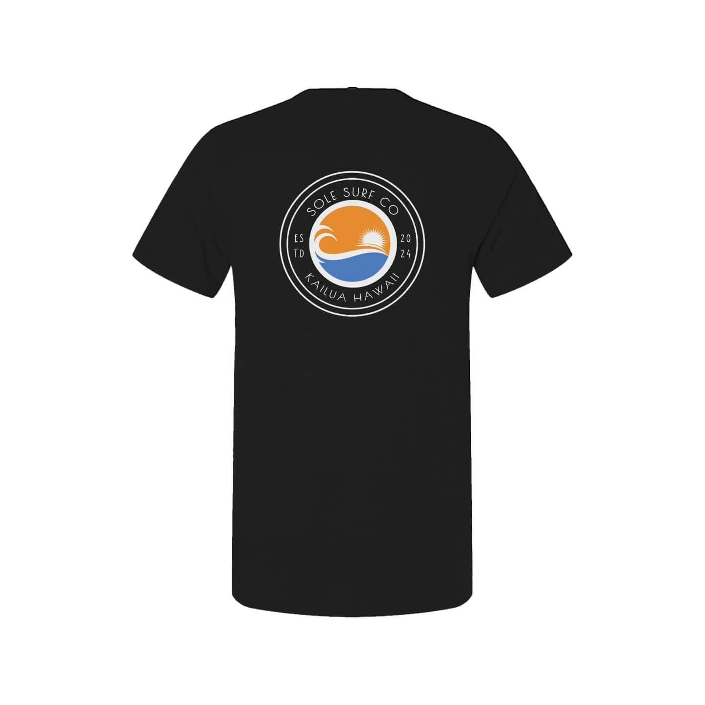 Black T-Shirt with Sole Surf Co. logo featuring a wave design, ideal for beach and casual wear.