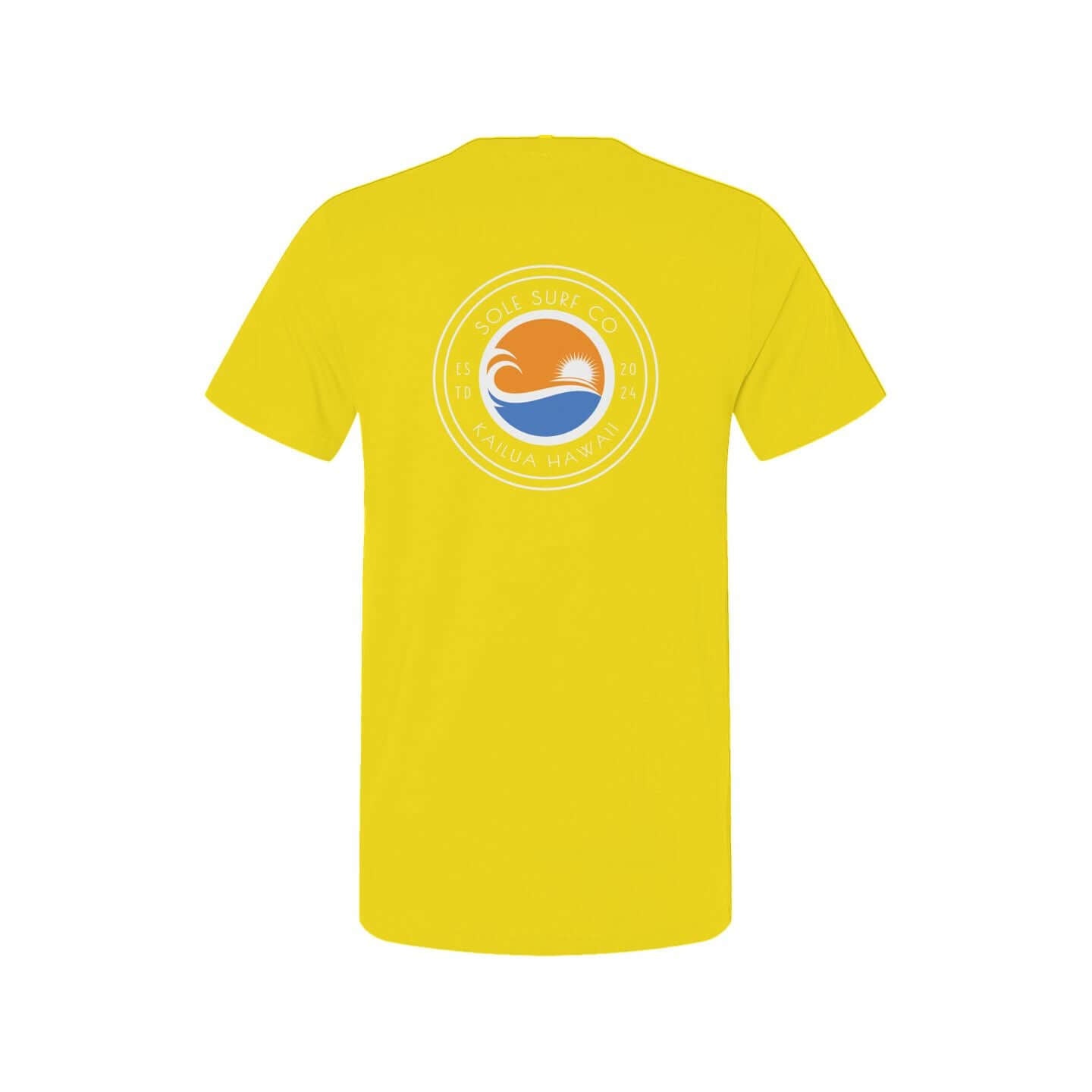 Bright yellow T-shirt with a circular logo featuring waves, perfect for beach outings and summer styles.