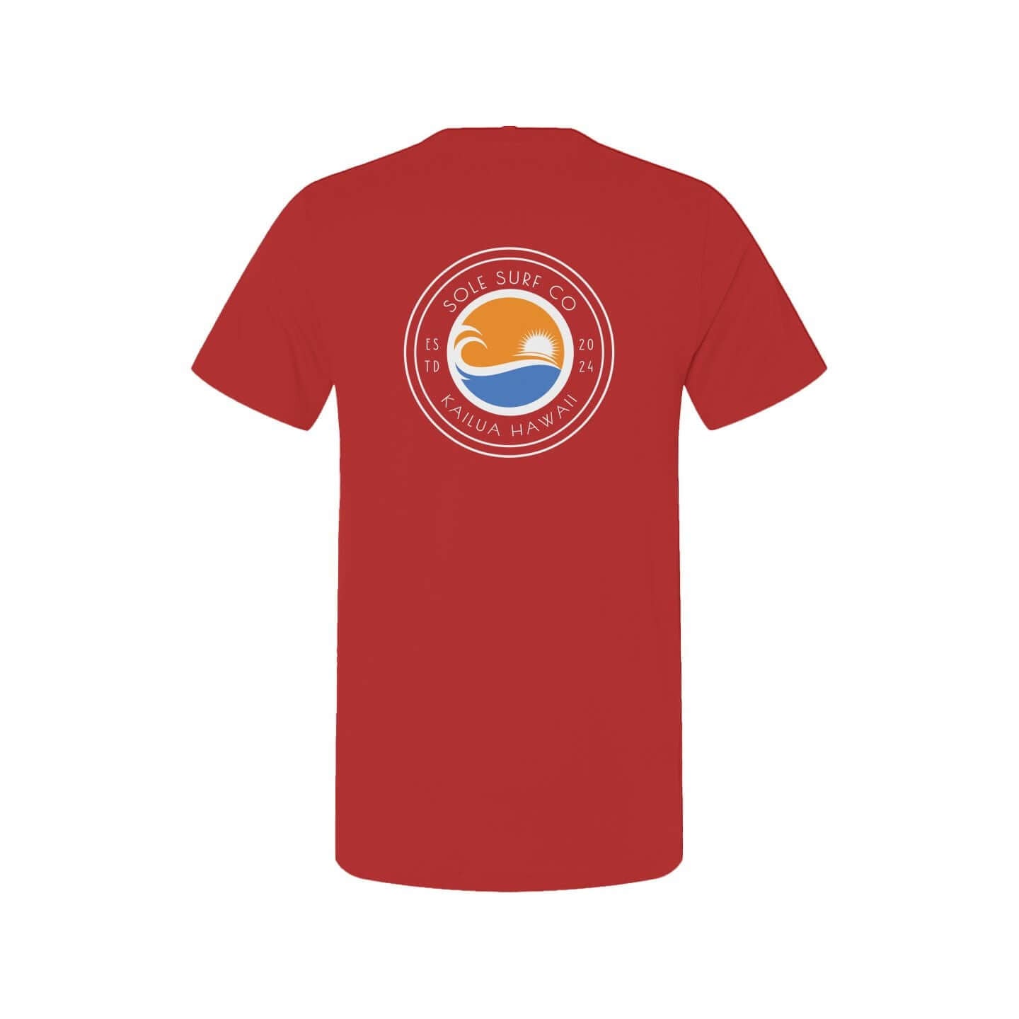 Red T-Shirt with beach sunset design by Sole Surf Co, perfect for summer days and casual wear.