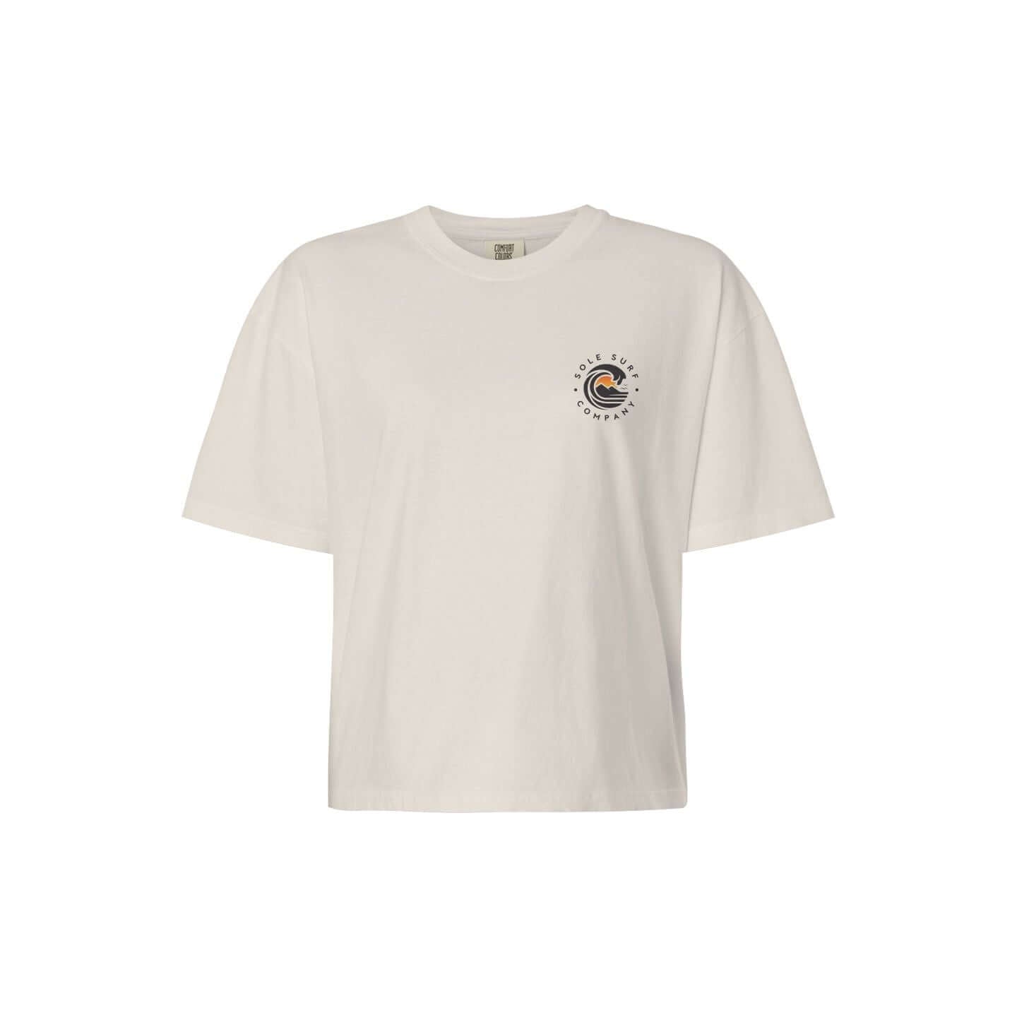 White boxy tee with logo design, perfect for casual wear and relaxed style.