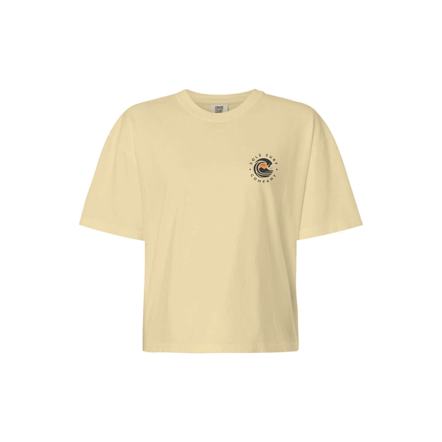 Women's yellow boxy tee with logo design, ideal for casual wear and trendy outfits.