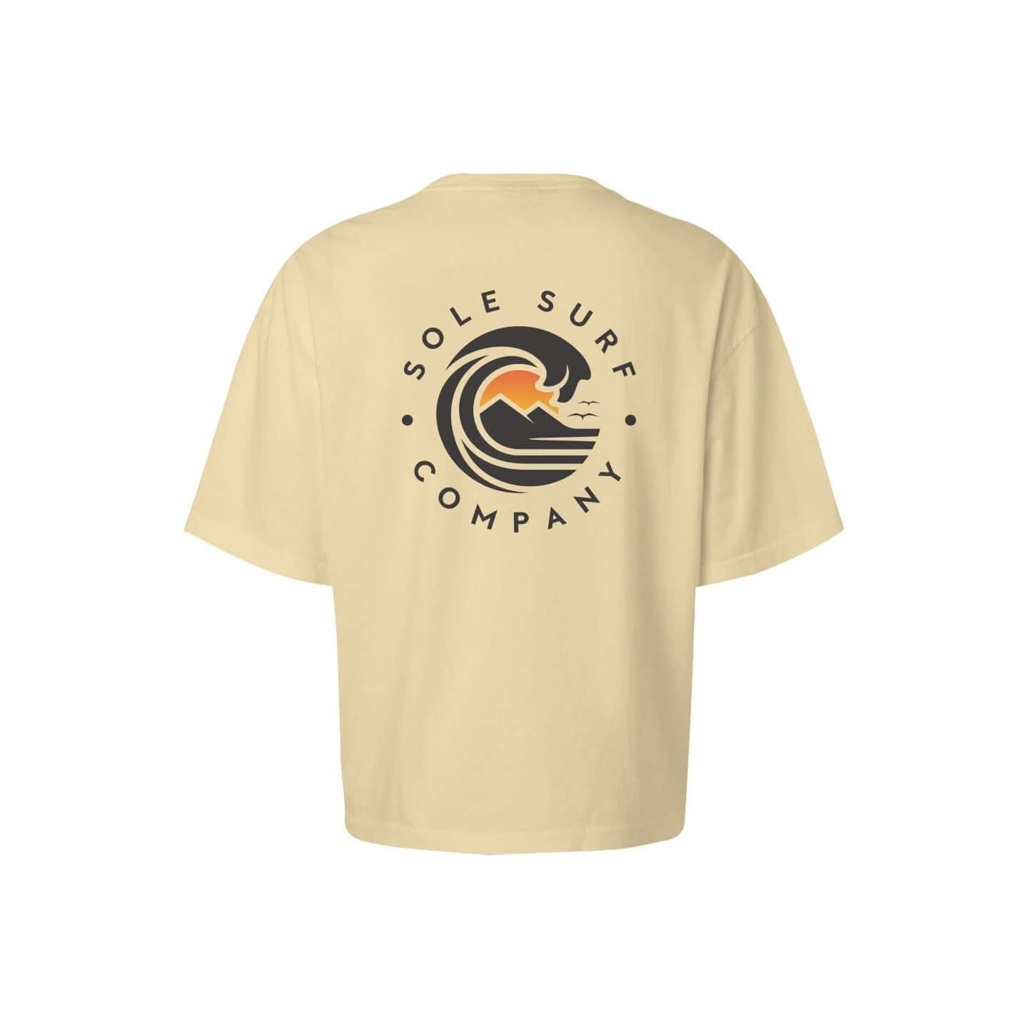 Women's boxy tee with Sole Surf logo in yellow, featuring wave and mountain graphic.