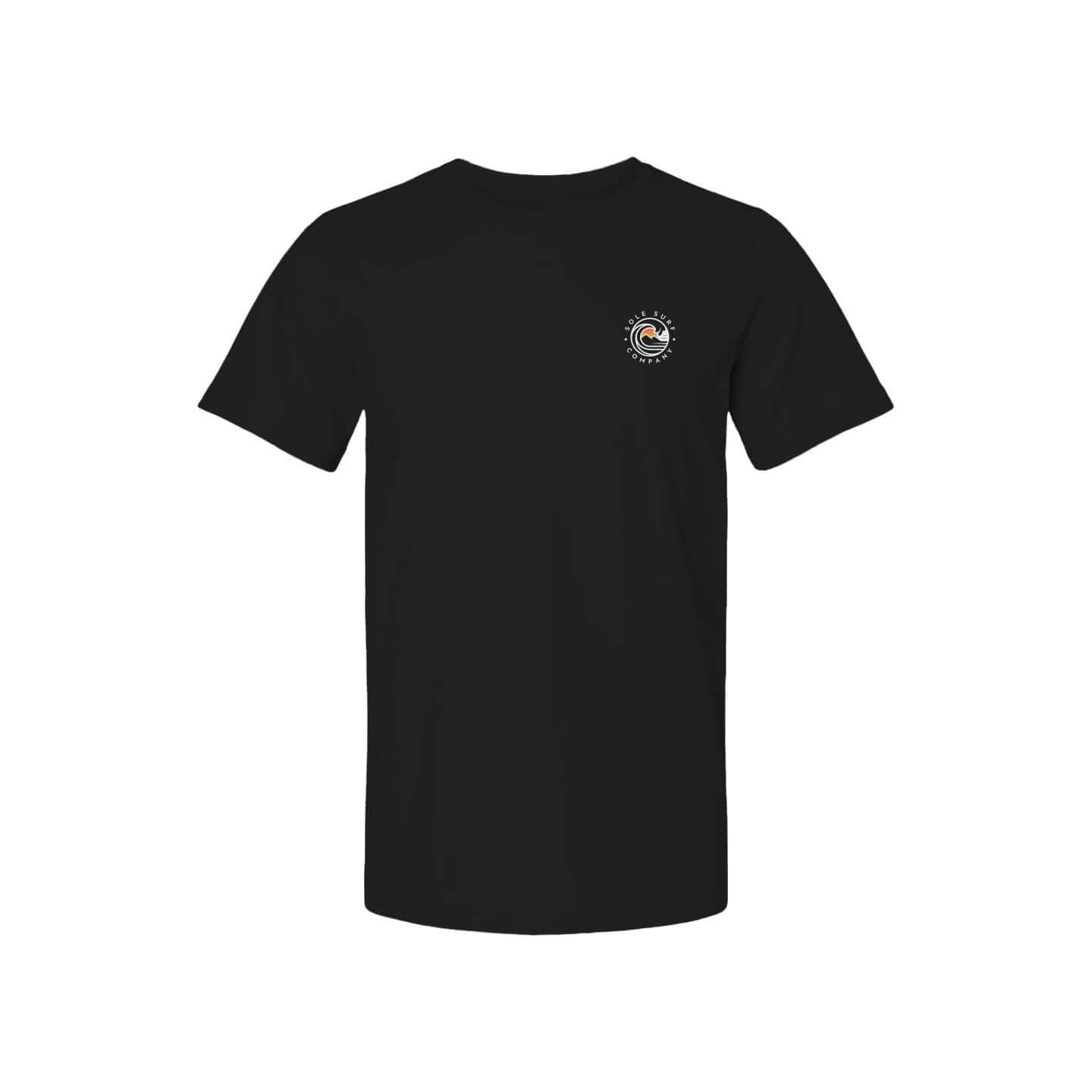 Men's black t-shirt featuring Sole Surf Company logo, perfect for beach lovers and casual outings.