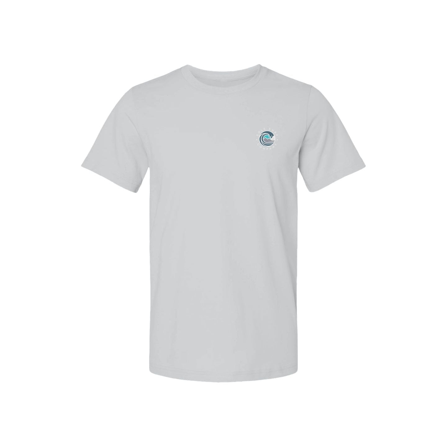 Grey t-shirt featuring surf company logo, perfect for beach lovers and outdoor activities year-round.