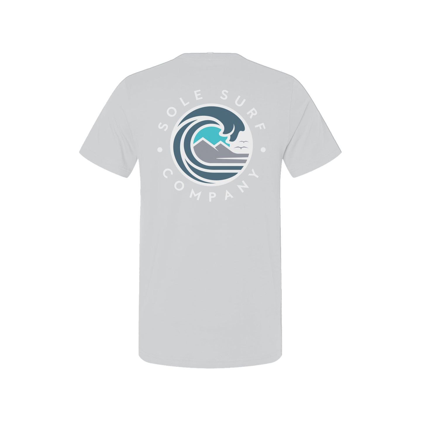 Grey tee featuring Sole Surf Company logo with wave design, perfect for beach lovers and outdoor activities.