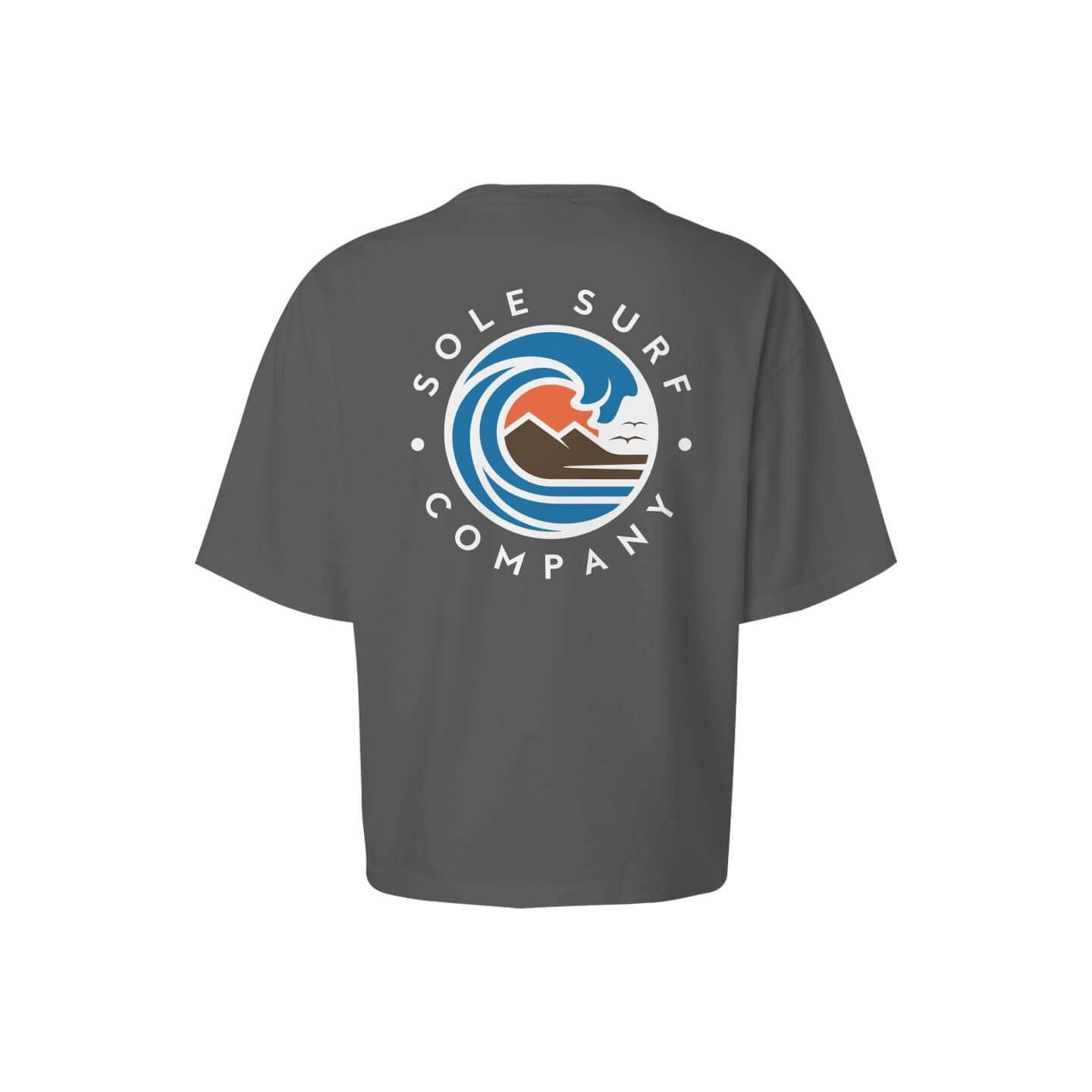 Back view of a Women's Boxy Surf Tee featuring a wave and mountain logo from Sole Surf Company.