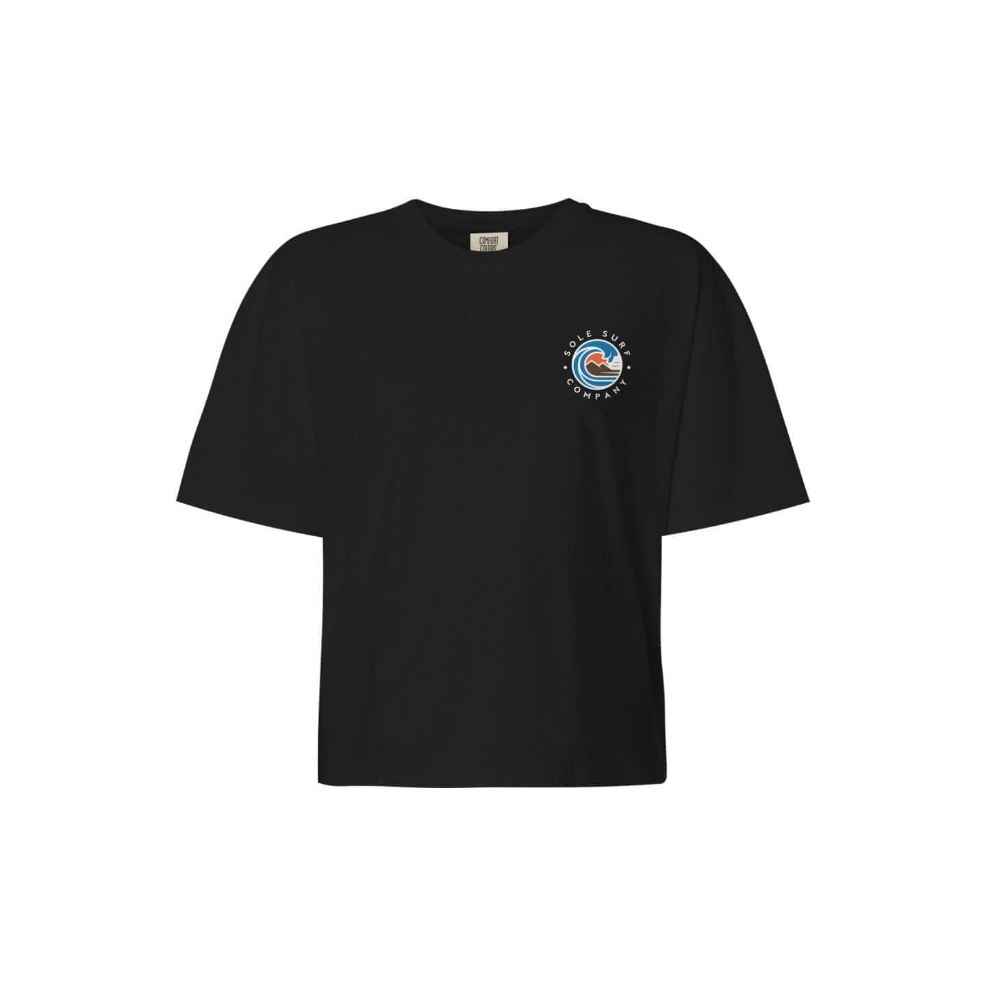 Women's black boxy tee with ocean-themed logo, perfect for a laid-back beach vibe and summer adventures.