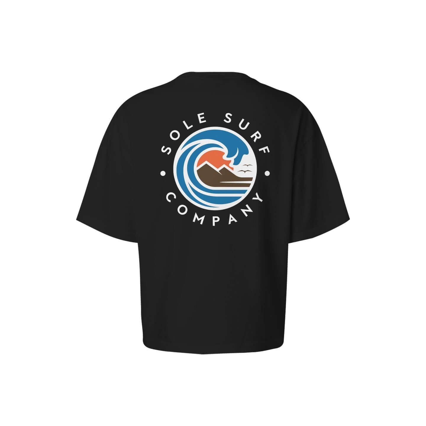 Women's black boxy tee featuring a wave design and 'Sole Surf Company' logo for a casual beach vibe.