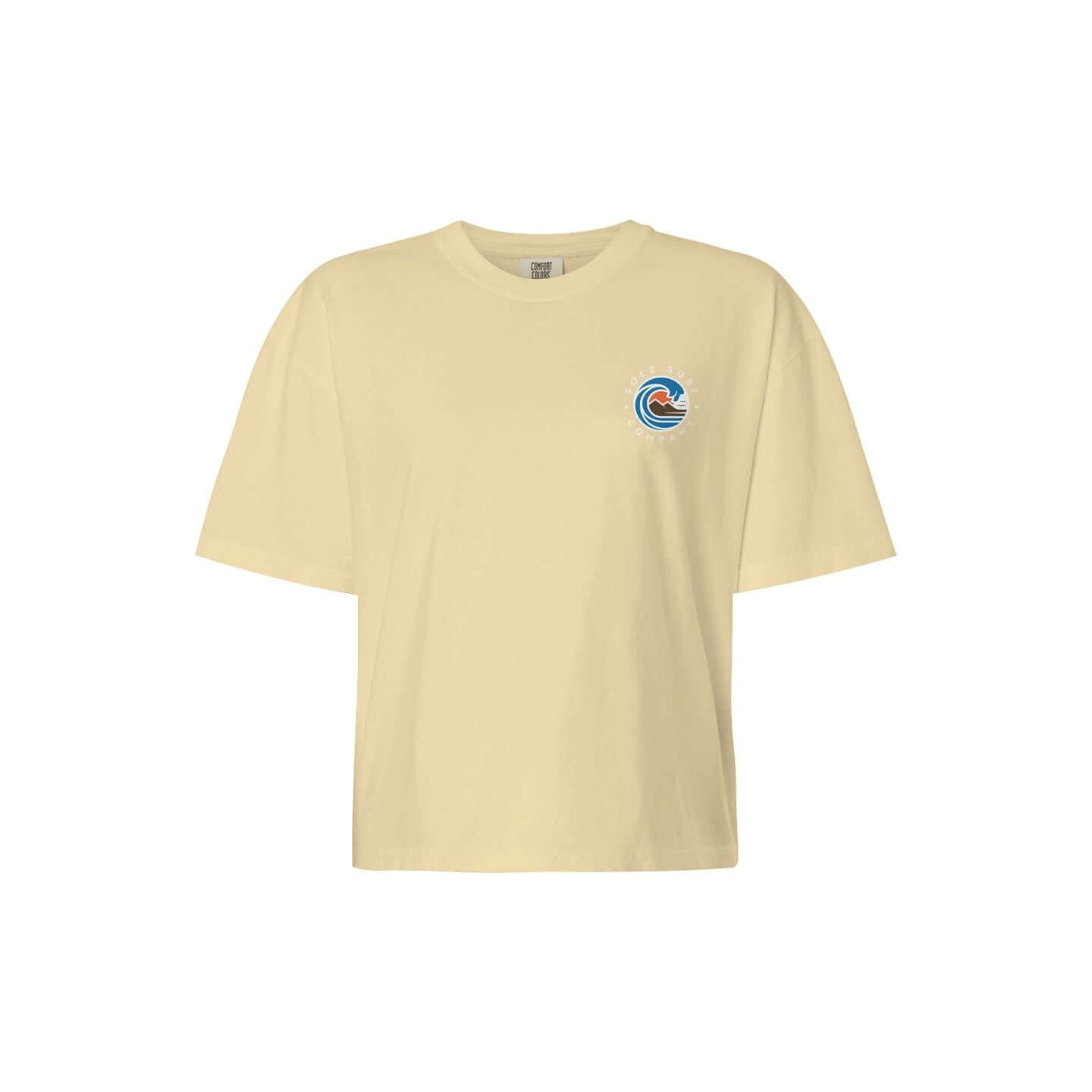 Women's light logo boxy tee in yellow with ocean wave design, perfect for casual beach outings and summer adventures.