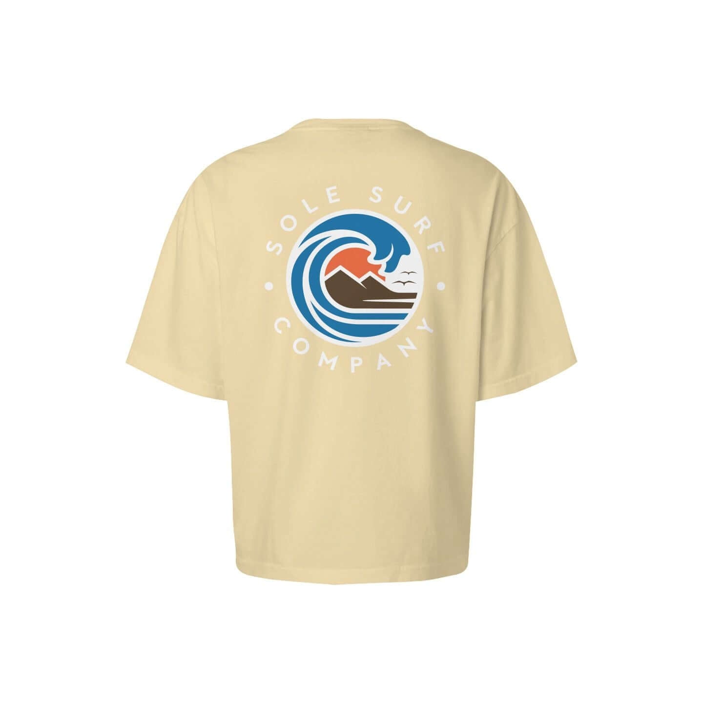 Women's light logo boxy tee in soft yellow with colorful wave and mountain graphic by Sole Surf Company.