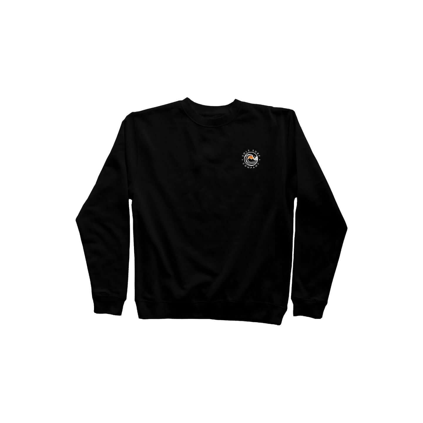 Premium SSC crewneck sweatshirt in black, featuring a surfing-inspired design for casual beach outings.