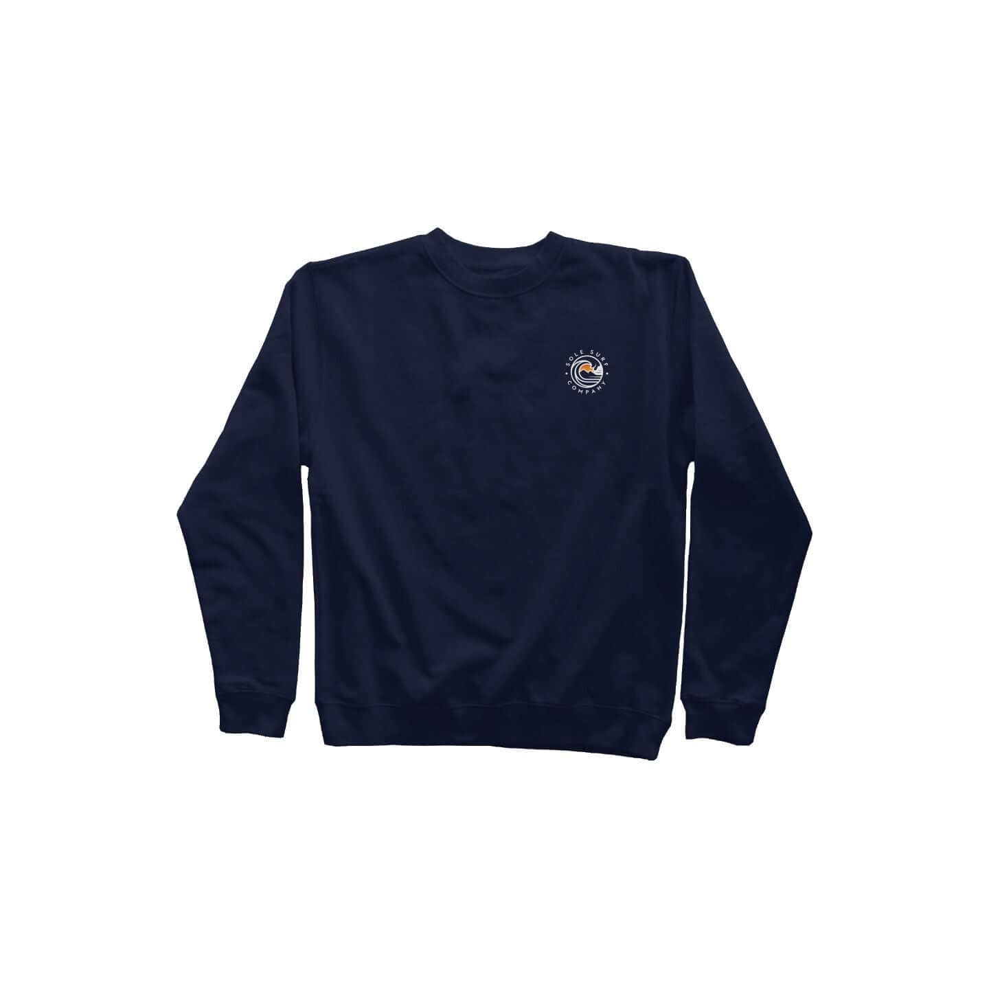 Premium SSC crewneck sweatshirt in navy with surfing logo, perfect for beach lovers and cool evenings.