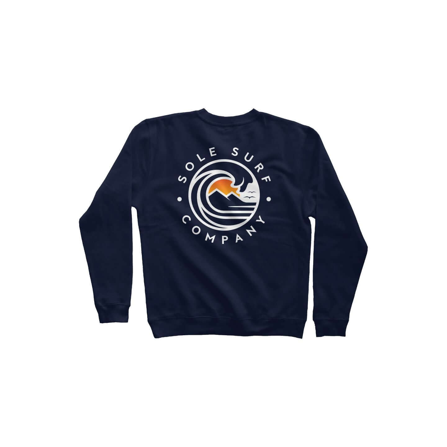 Navy premium SSC crewneck sweatshirt featuring a surfing wave logo, perfect for beach lovers and casual outings.
