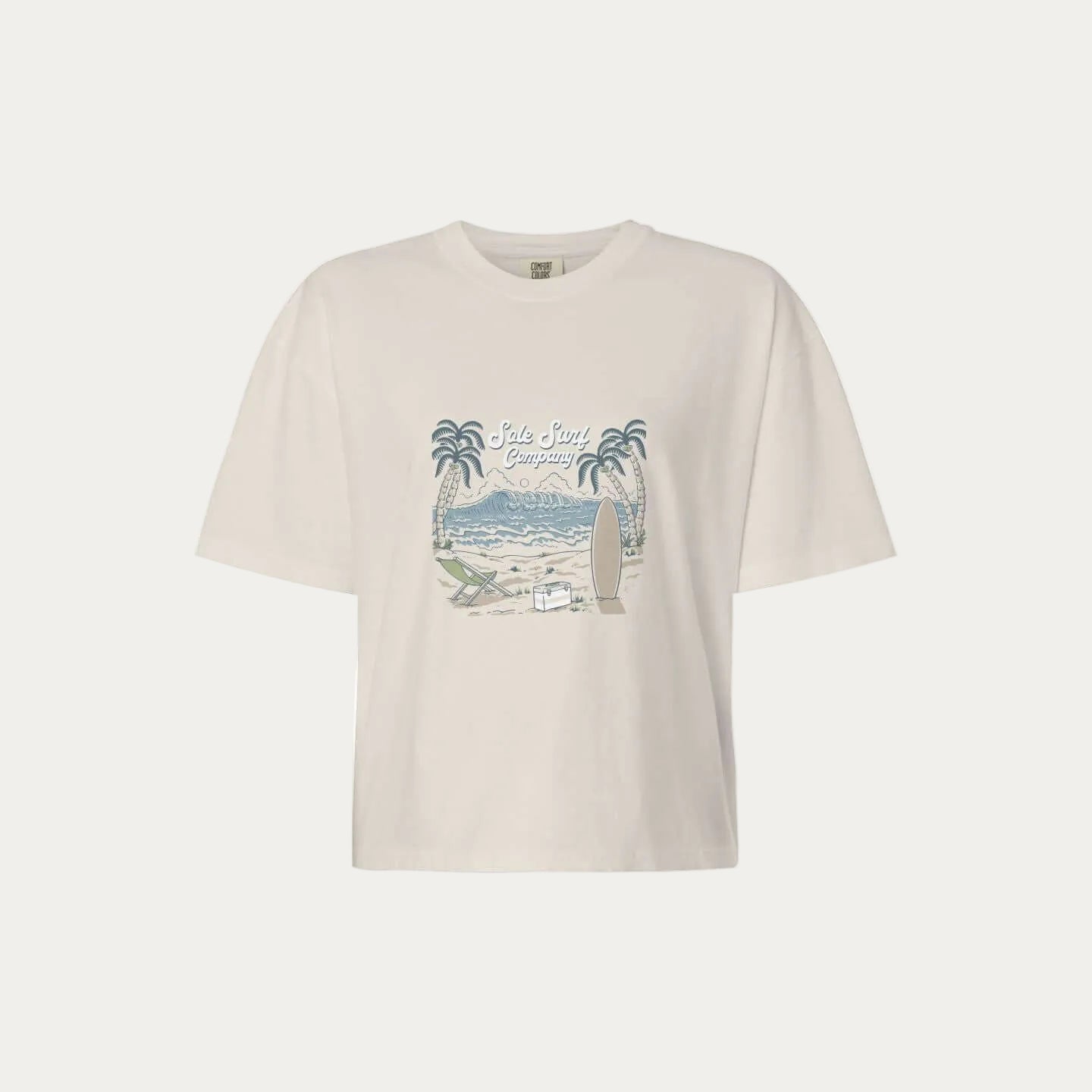 womens boxy island tee with surf and palm tree graphic on a relaxed fit design