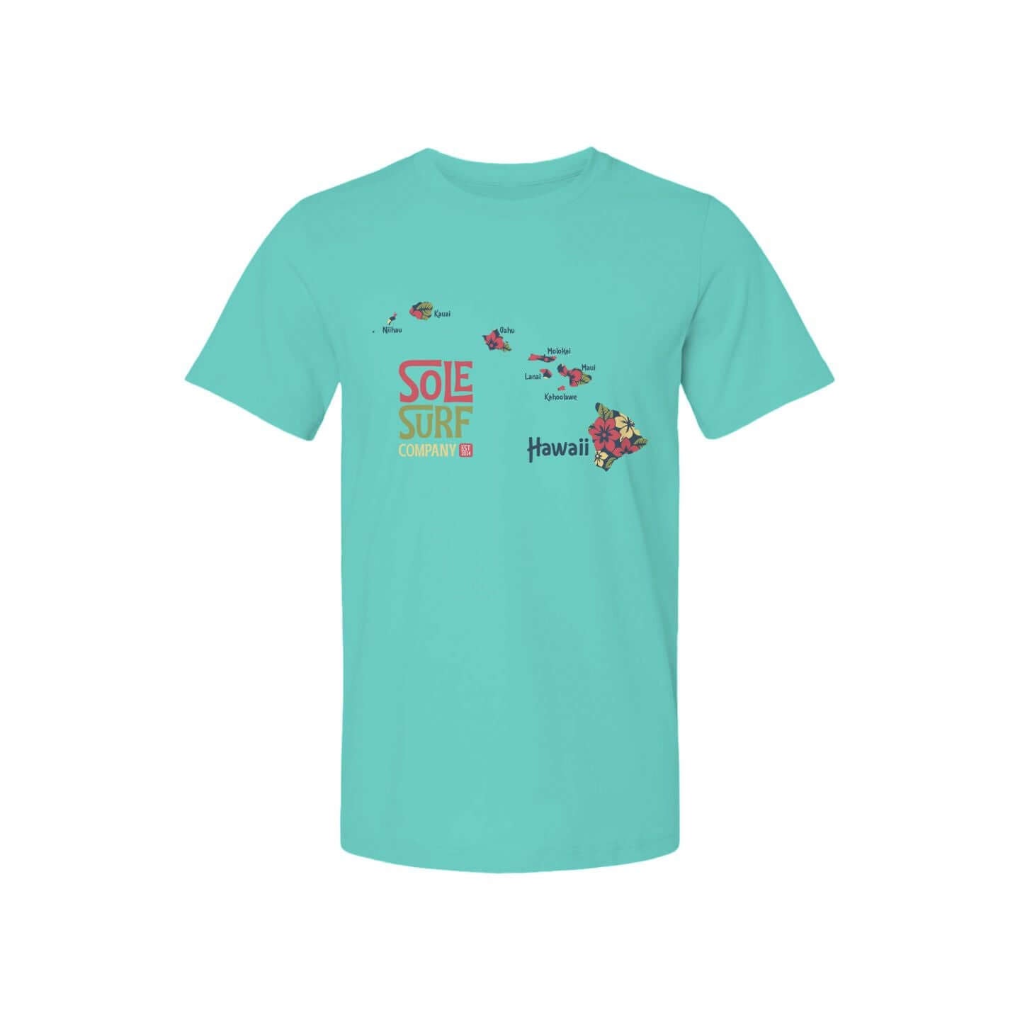 Woman's Hawaiian Islands tee in turquoise with vibrant island map design, perfect for summer beach wear.