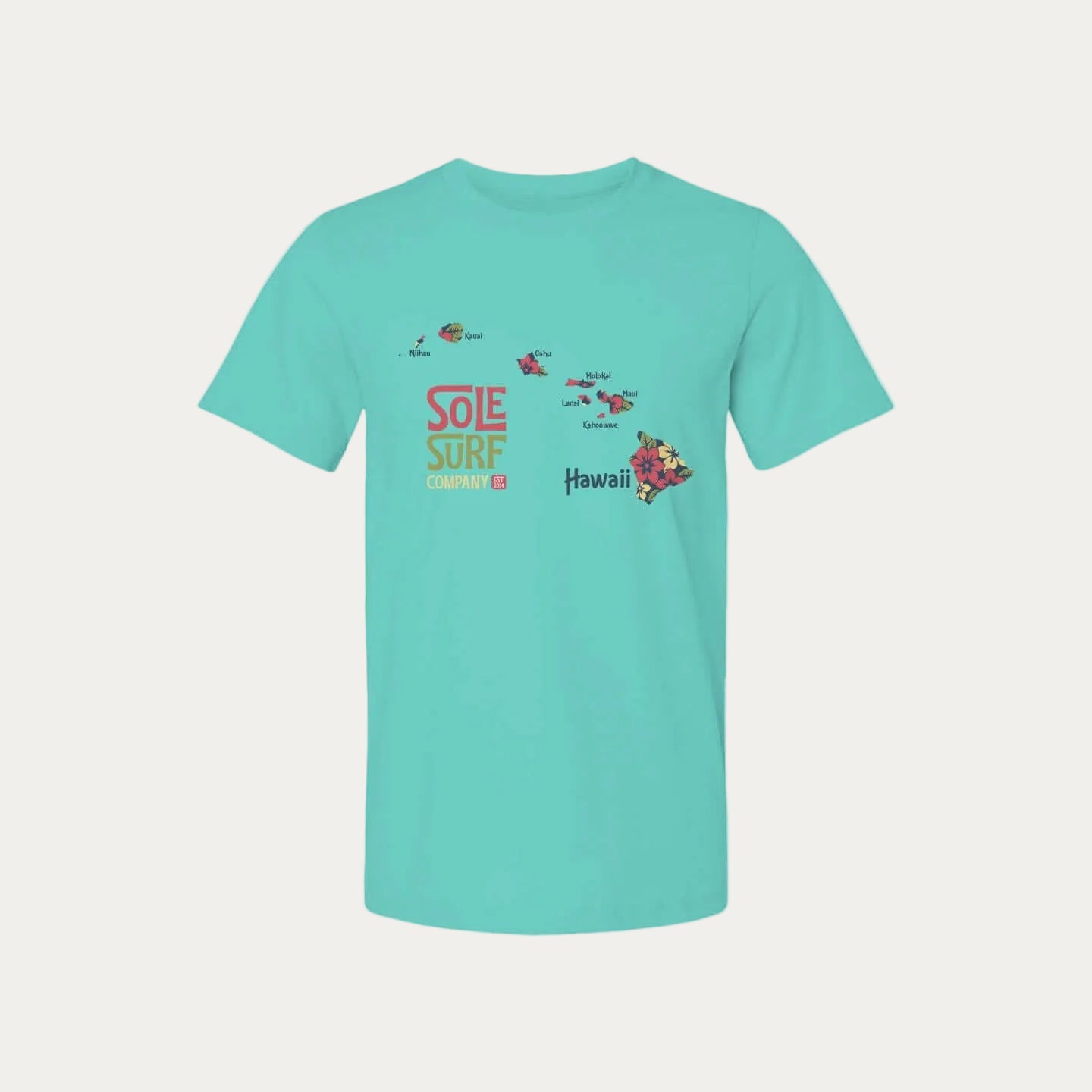 Womens Hawaiian tee featuring Hawaii map and Sole Surf Company logo on a turquoise background.