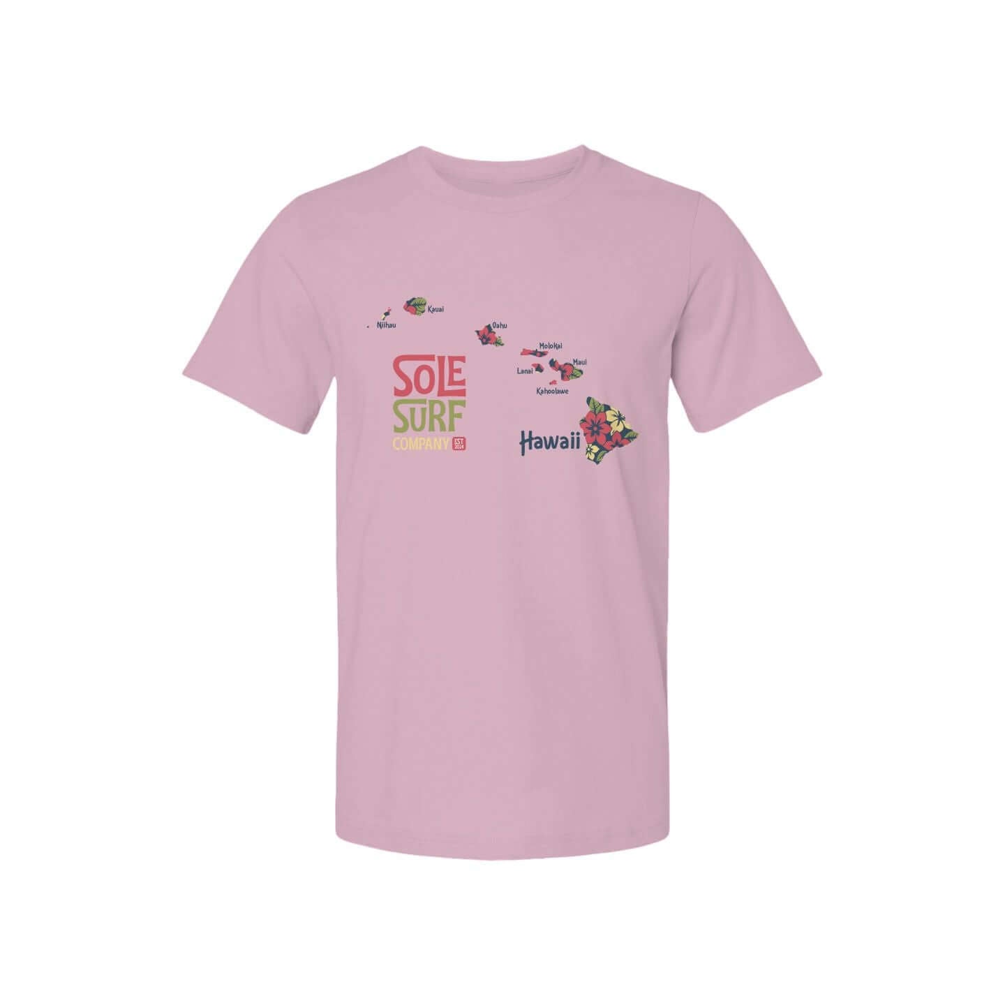 Pink woman's Hawaiian t-shirt with island graphics, ideal for summer vacations and beach parties.