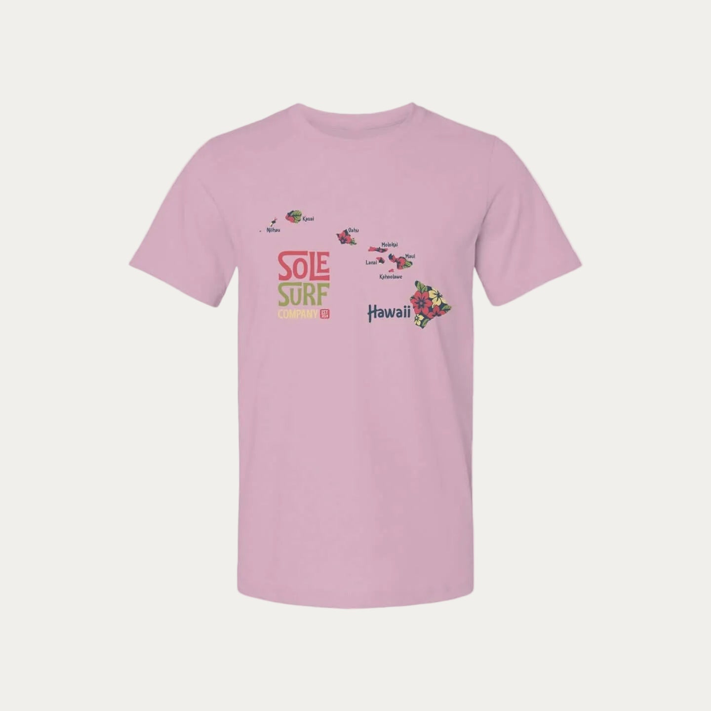 Pink woman's Hawaiian t-shirt with island graphics, ideal for summer vacations and beach parties.