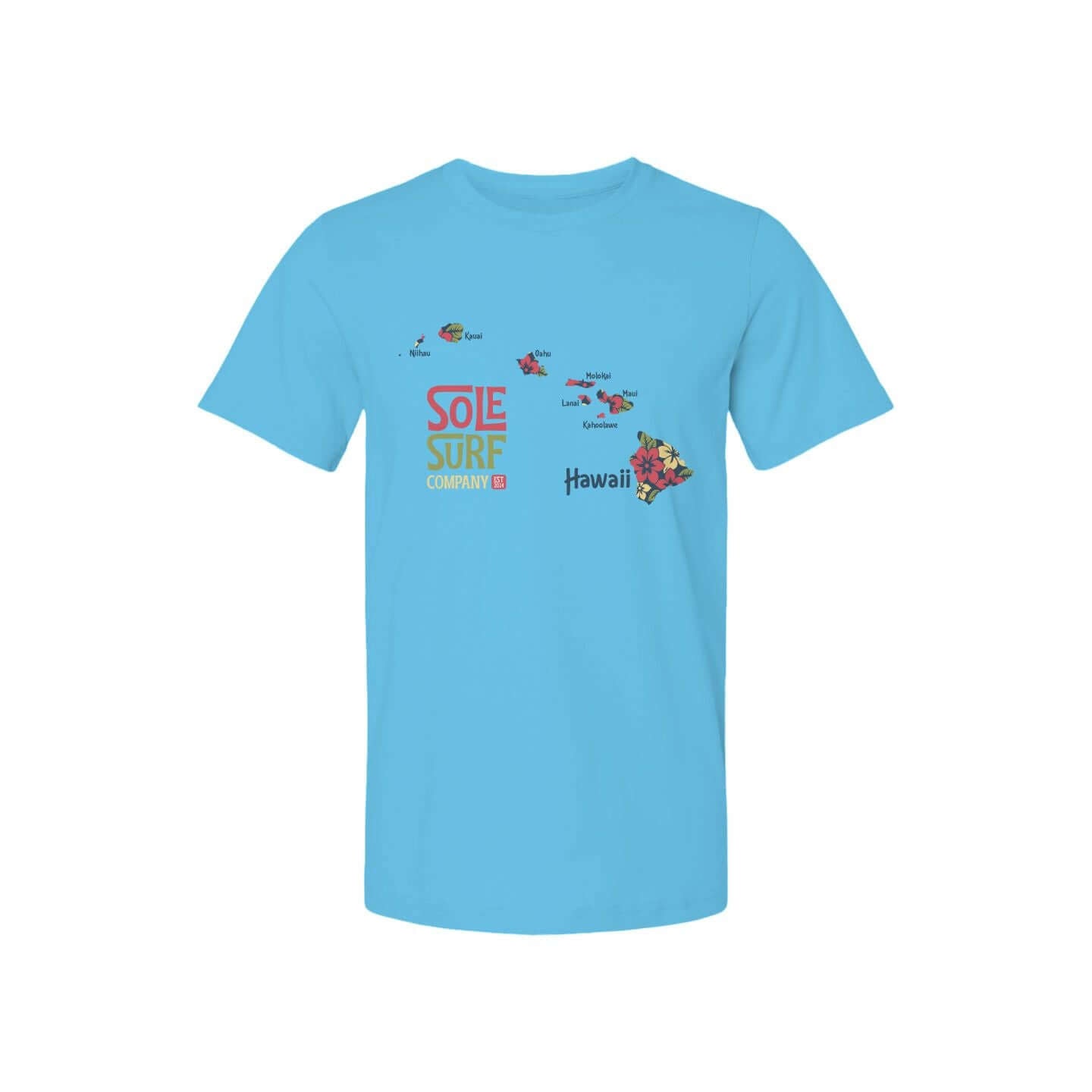 Blue Hawaiian island-themed t-shirt from Sole Surf Company featuring tropical design and vibrant colors.