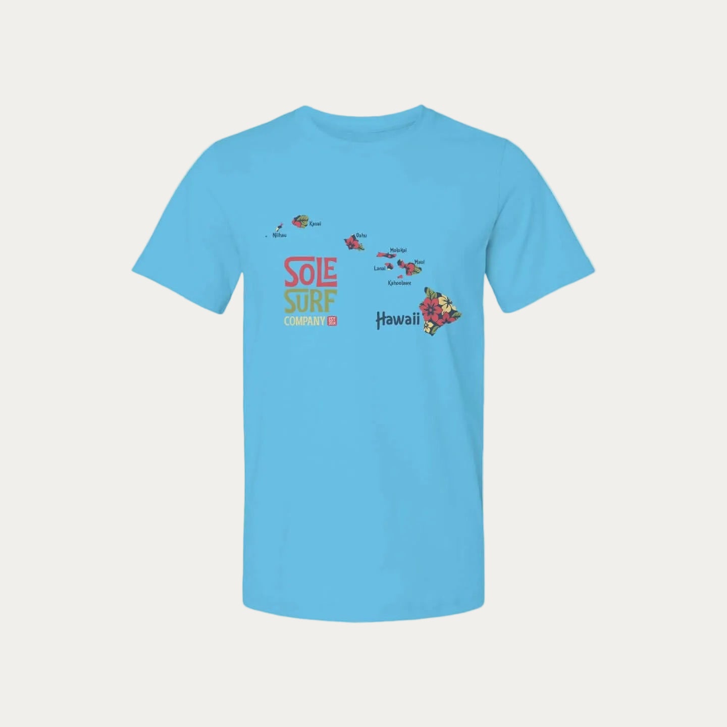 womens hawaiian tee in blue featuring Hawaiian islands design and Sole Surf Company logo