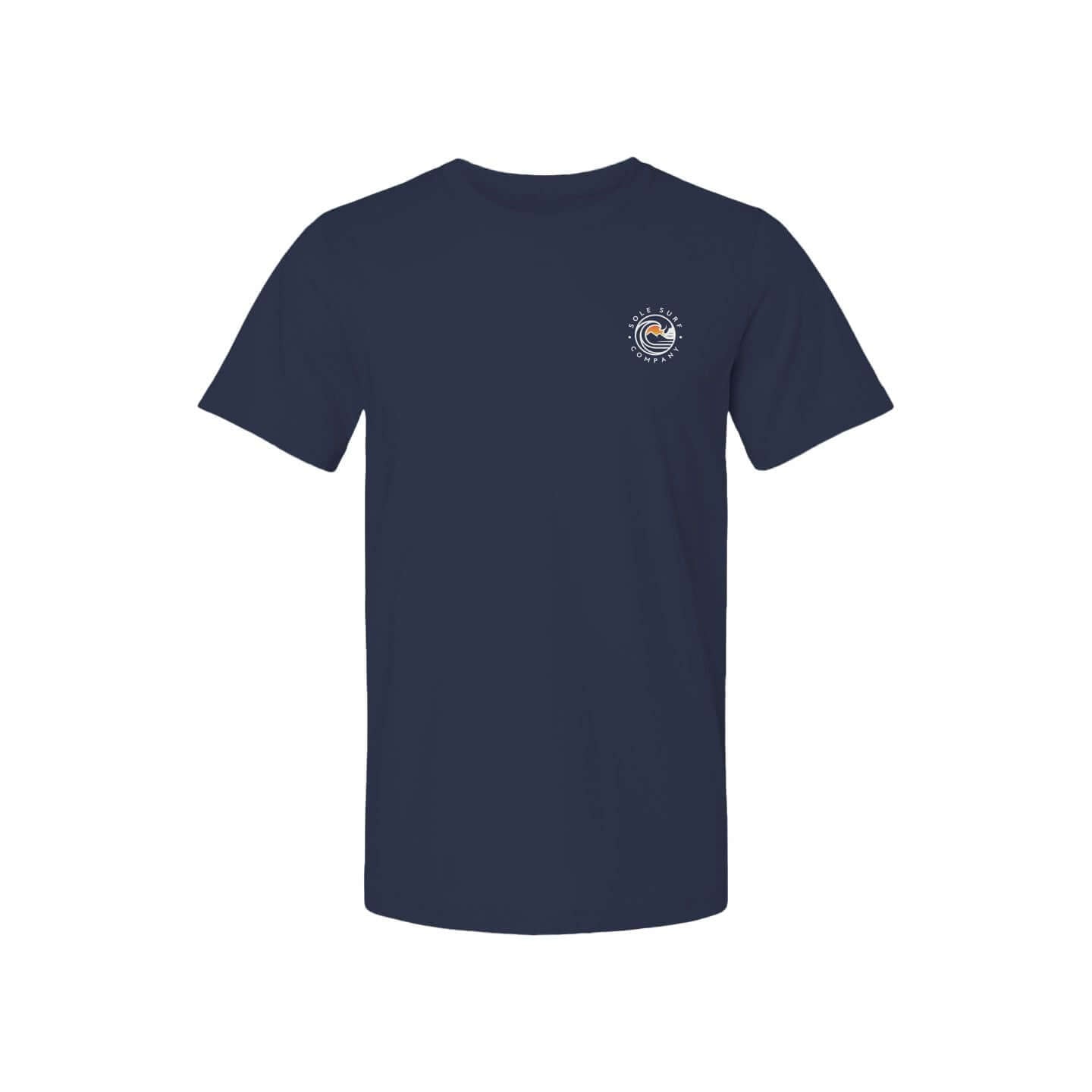 Navy blue T-shirt featuring a surf-inspired design, perfect for beach lovers and outdoor activities.