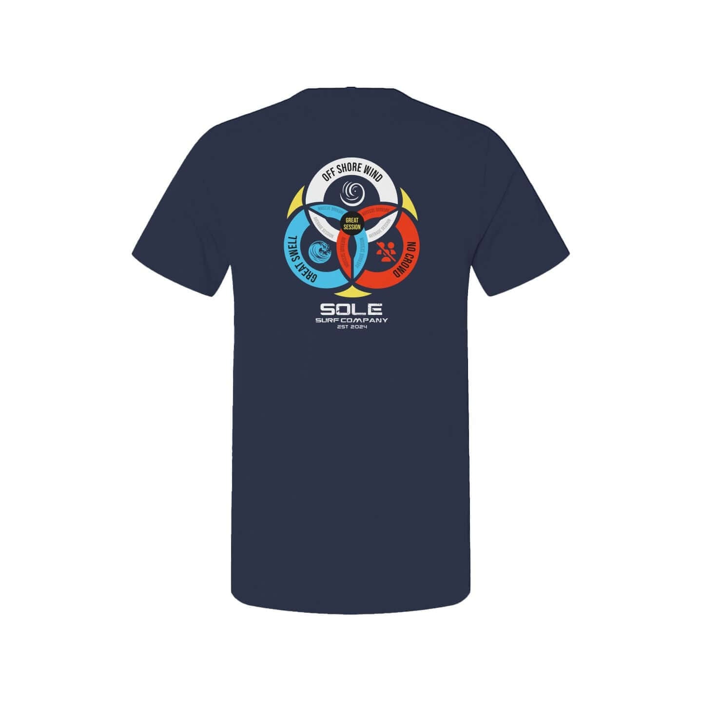 Navy T-shirt featuring surfer-themed graphic with circles representing balance and perfect surf days.