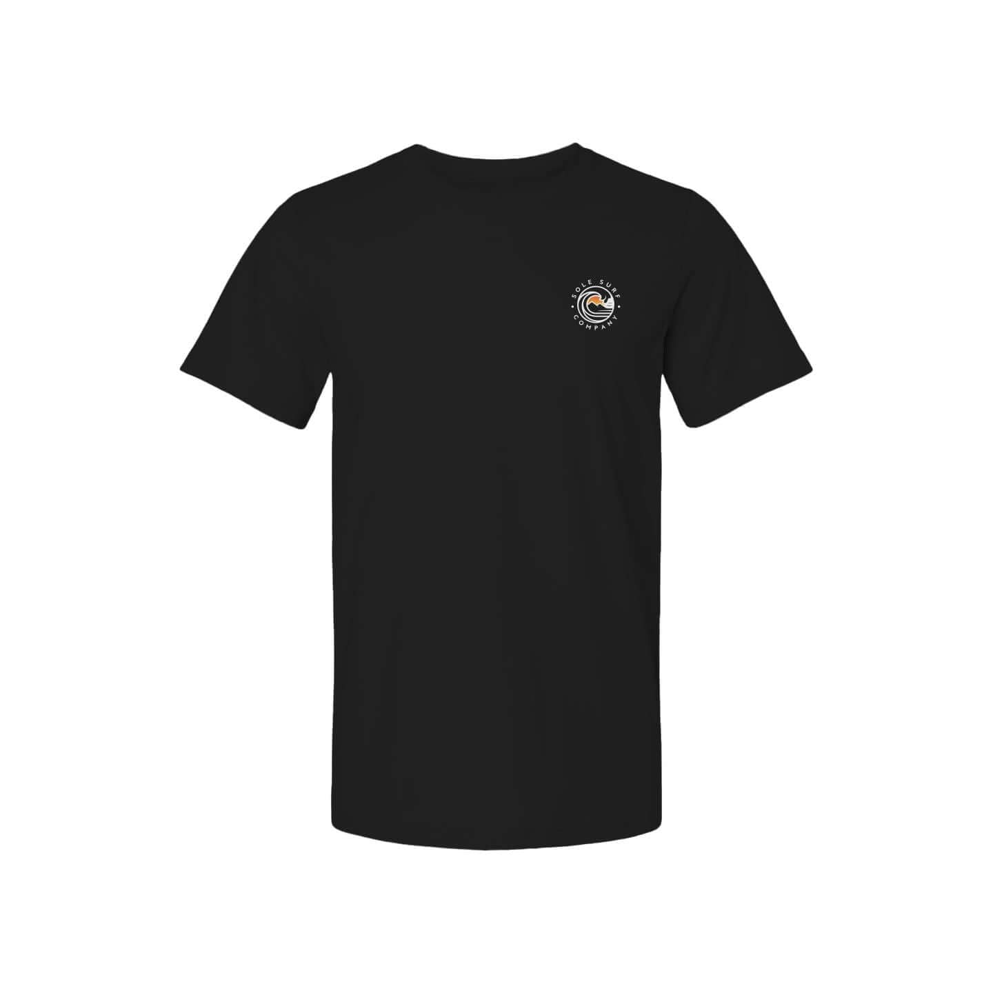 Black T-shirt featuring a surfer design, ideal for casual outings and outdoor activities.