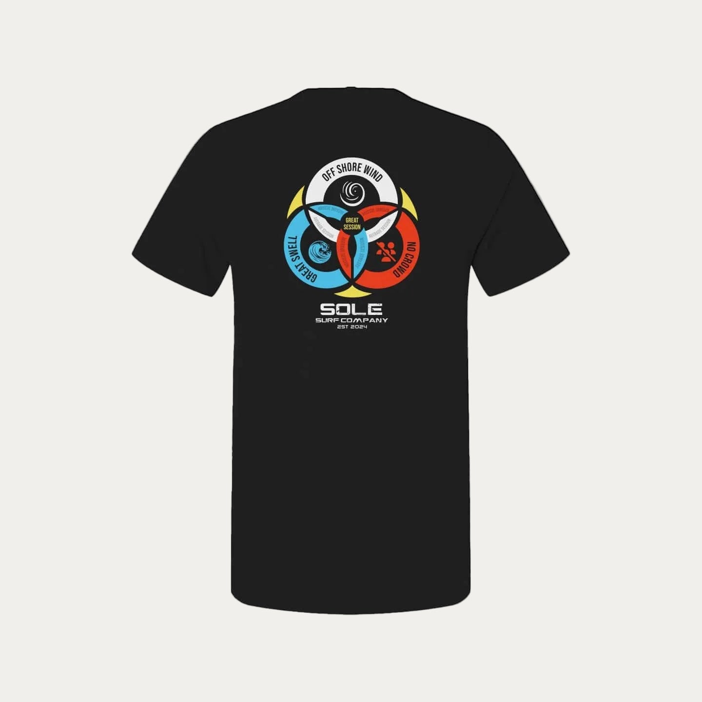 Back view of a black T-shirt featuring a surfer-themed graphic design with three circles and the text 'Off Shore Wind'.