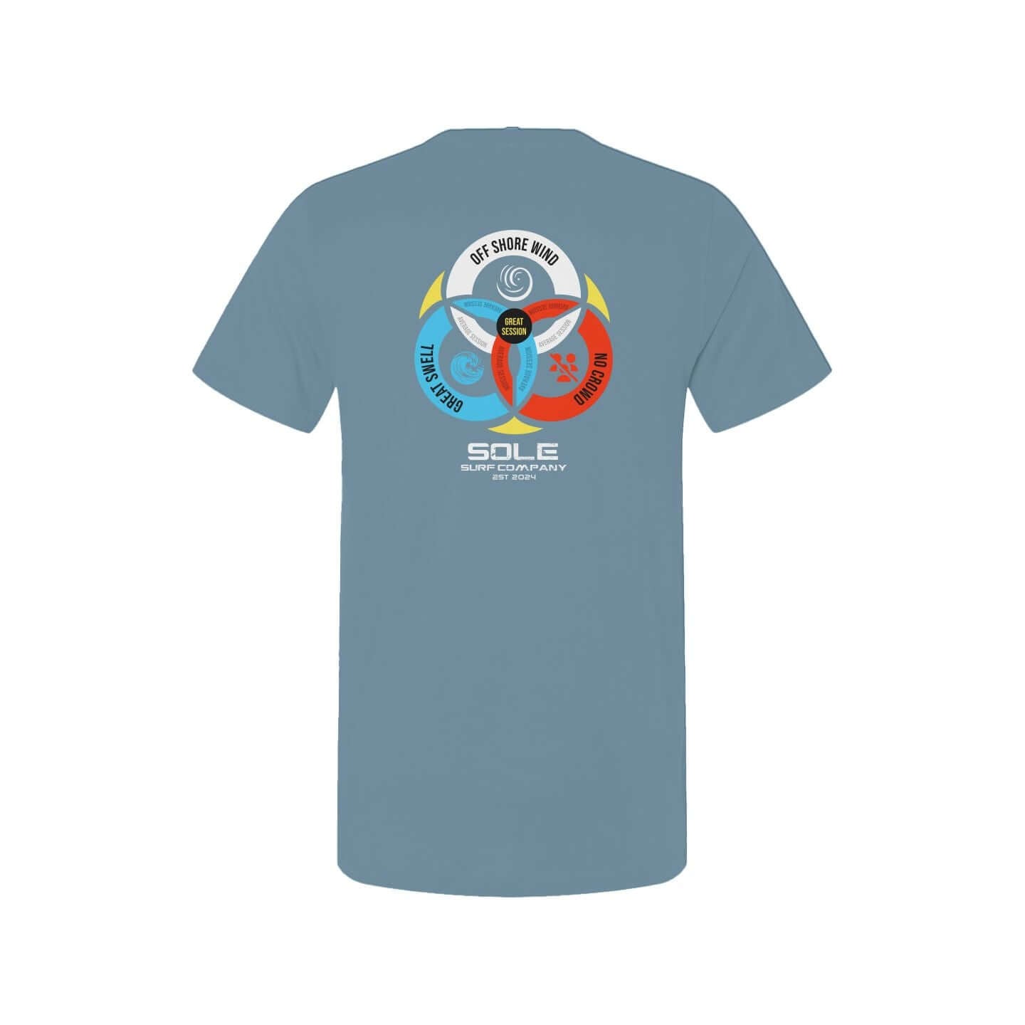 Back view of the Great Session T-shirt, featuring colorful surfer theme design with 3 circles and logo.