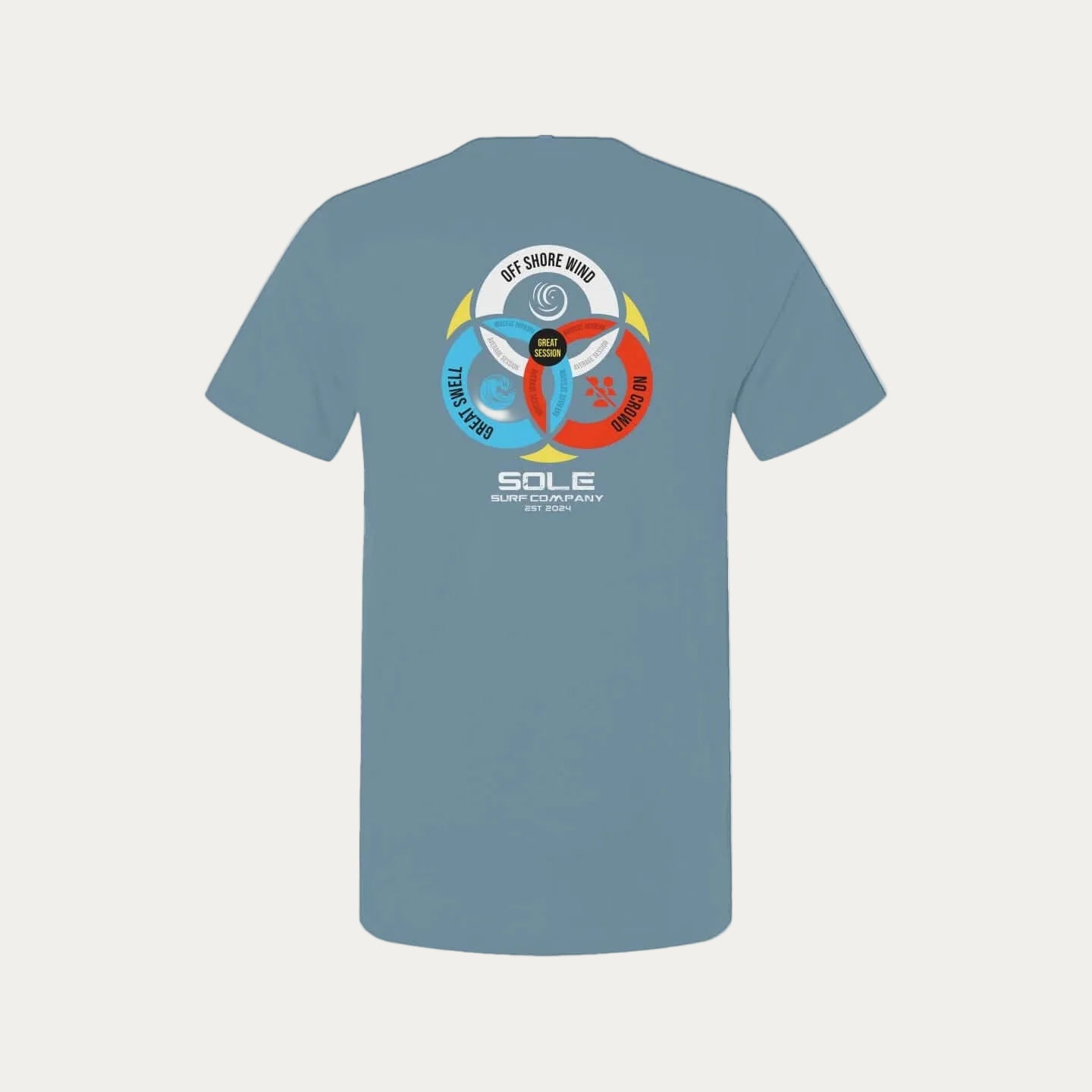 Back view of the Great Session T-shirt, featuring colorful surfer theme design with 3 circles and logo.