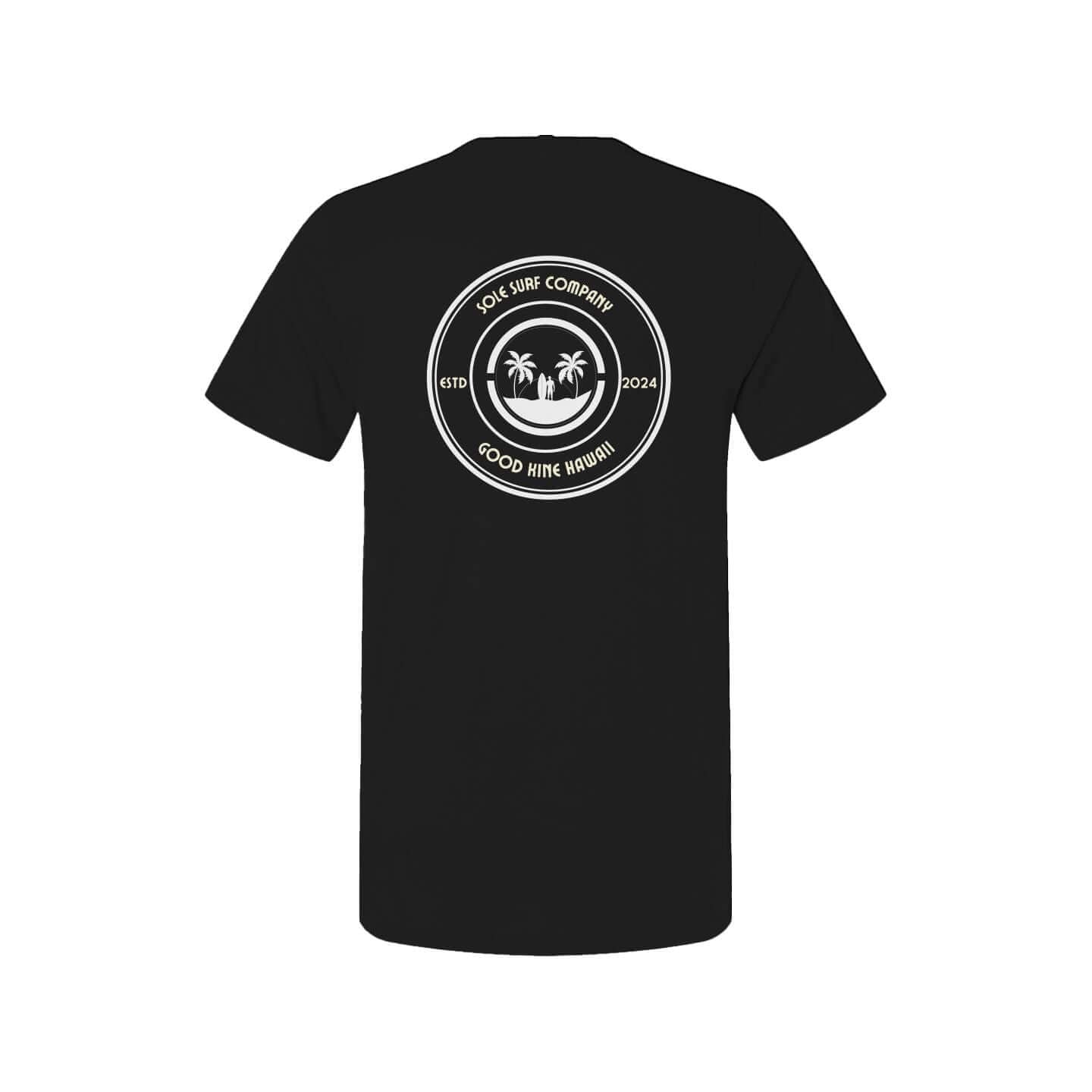 Black t-shirt with circular 'Good Kine Hawaii' design and palm trees on the back, perfect for summer outings.