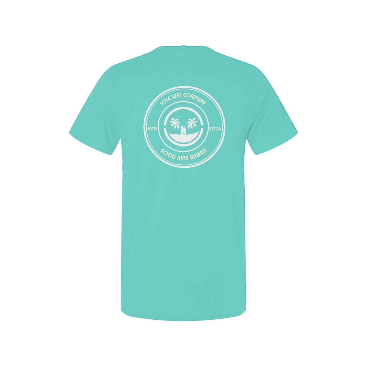 Back of Good Kine Hawaii t-shirt in turquoise featuring palm trees and logo, ideal for beach outings.