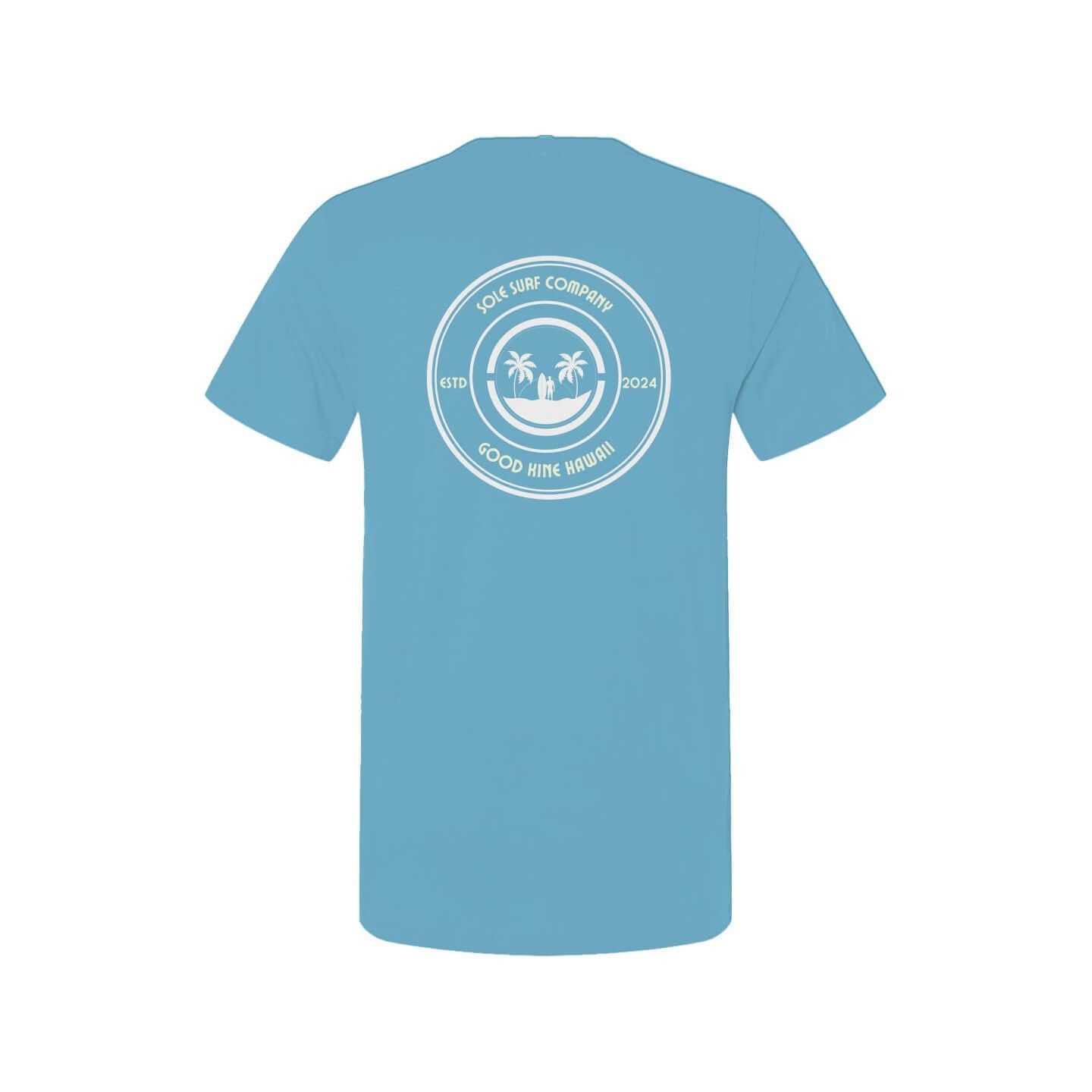 Light blue t-shirt featuring Good Kine Hawaii logo and palm trees, perfect for tropical beach lovers.
