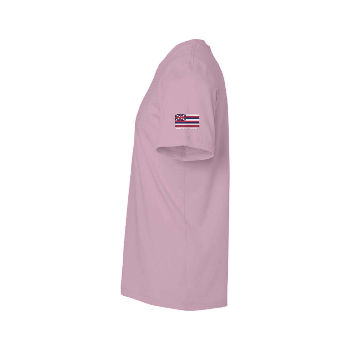 Side view of a pink Hawaiian flag T-shirt featuring the Hawaiian flag on the sleeve, ideal for casual beachwear.