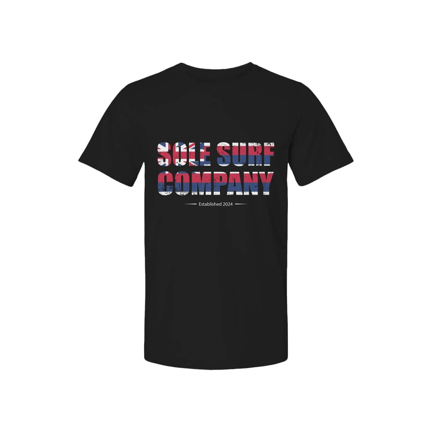 Black T-shirt featuring "SOLE SURE COMPANY" graphic design, established 2024, showcasing a vibrant Hawaiian flag theme.