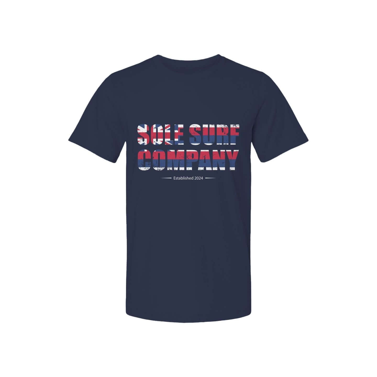 Navy blue T-shirt featuring "Sole Sure Company" logo with established date, showcasing a stylish design for casual wear.