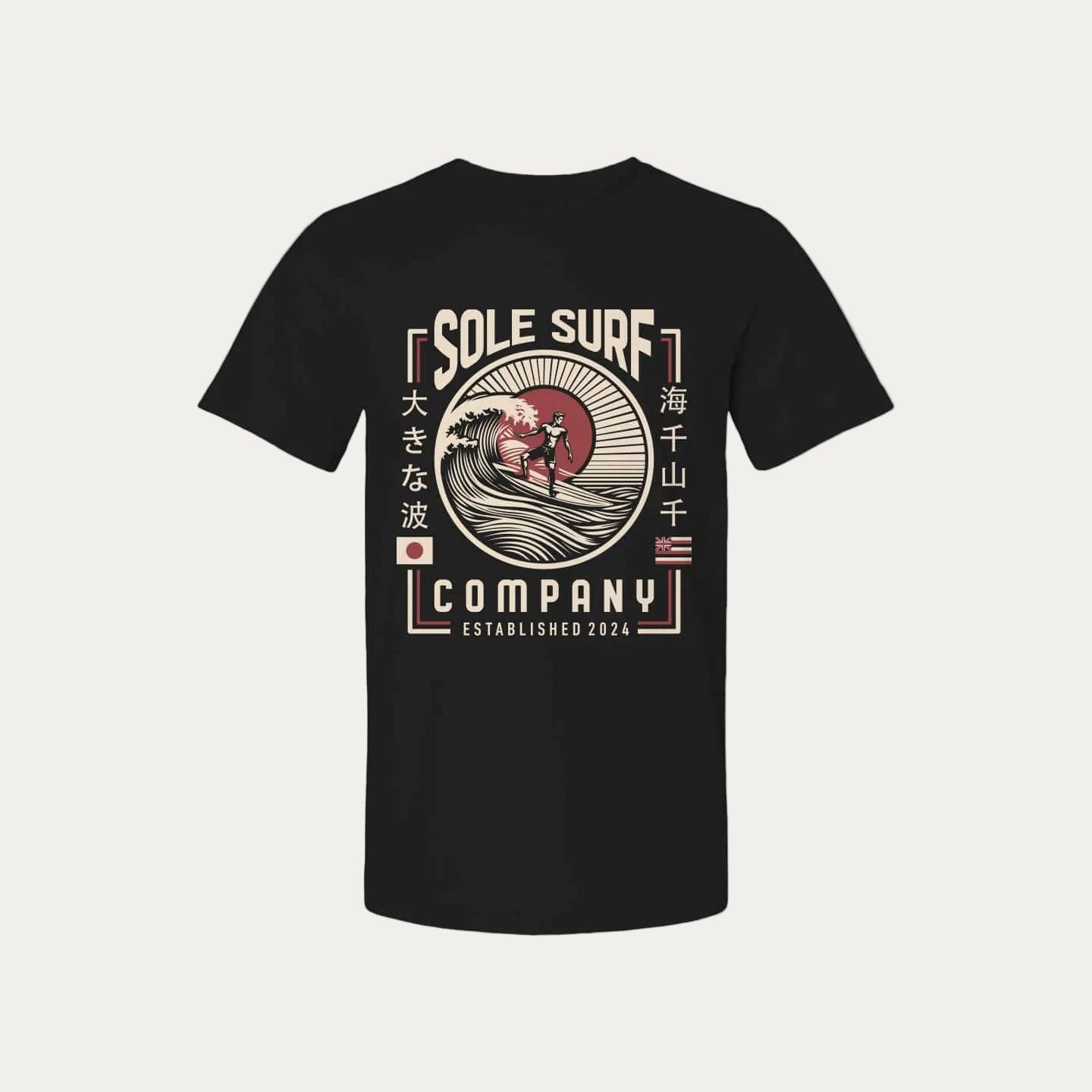 Japanese Hawaiian flag t-shirt featuring a surf design, perfect for beach lovers and summer adventures.