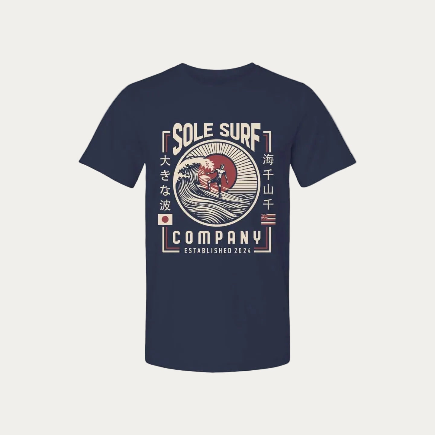 Japanese Hawaiian flag t-shirt design featuring a surf company graphic, perfect for beach lovers and surf enthusiasts.