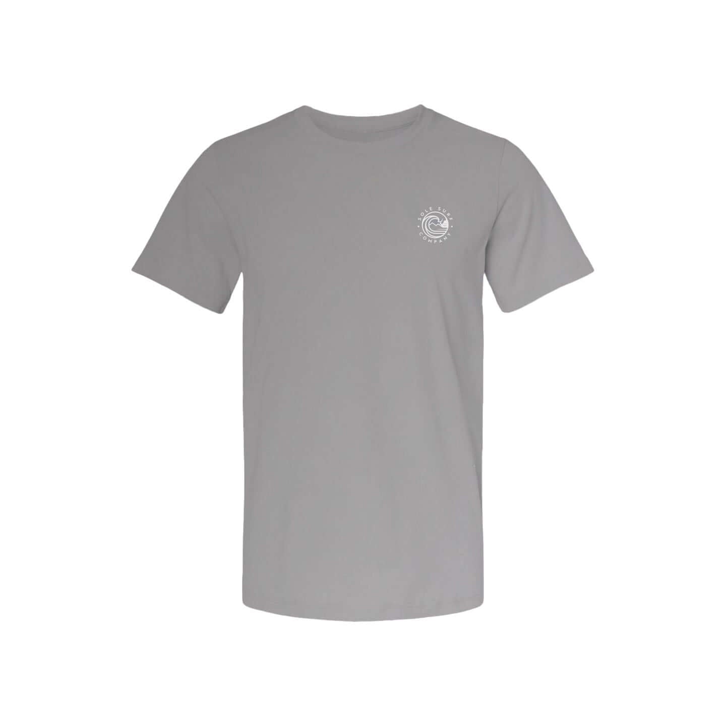 Gray promotional t-shirt from Sole Surf Company featuring a circular logo on the chest.
