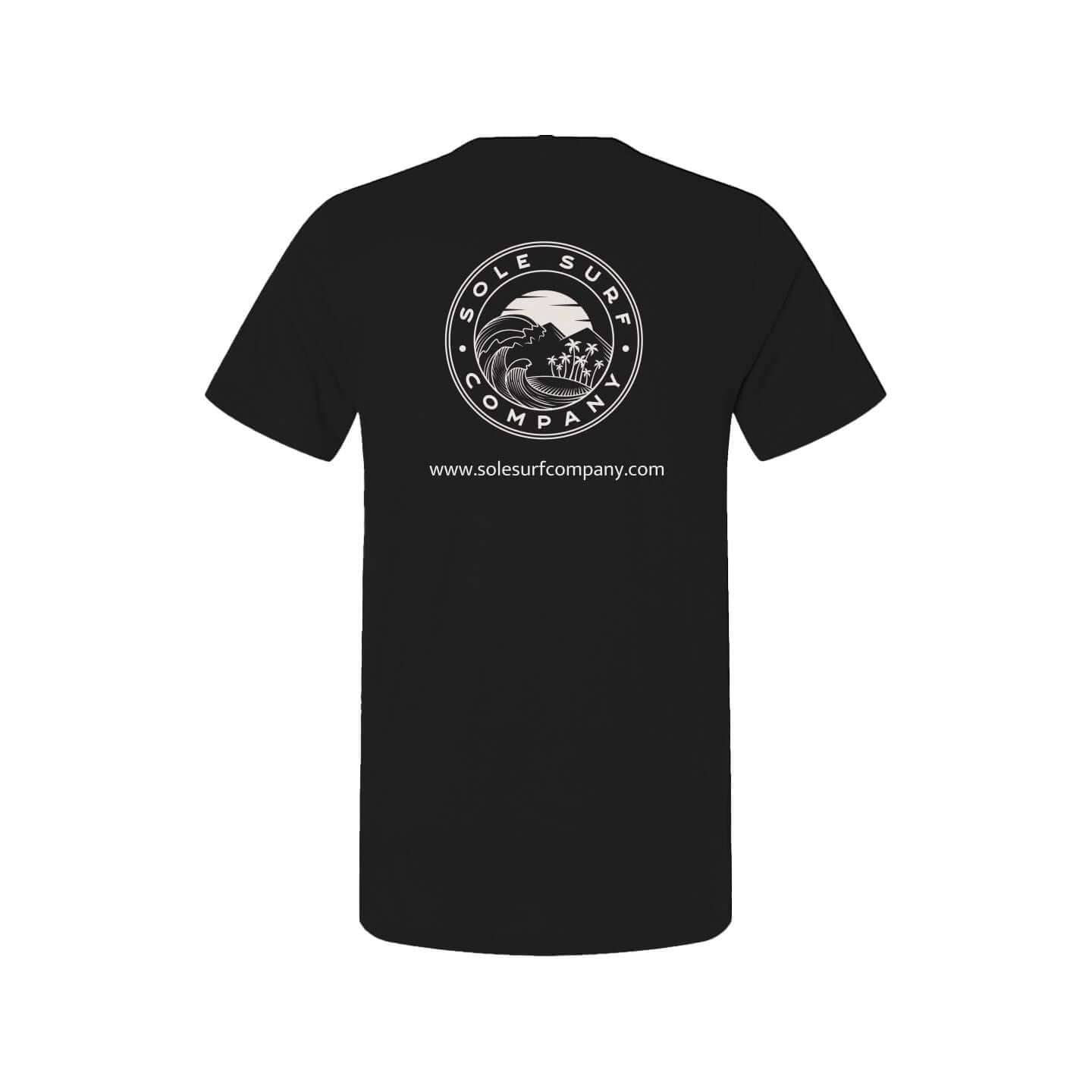 Black promotional t-shirt featuring Sole Surf Company logo and website on the back, made with high-quality cotton.